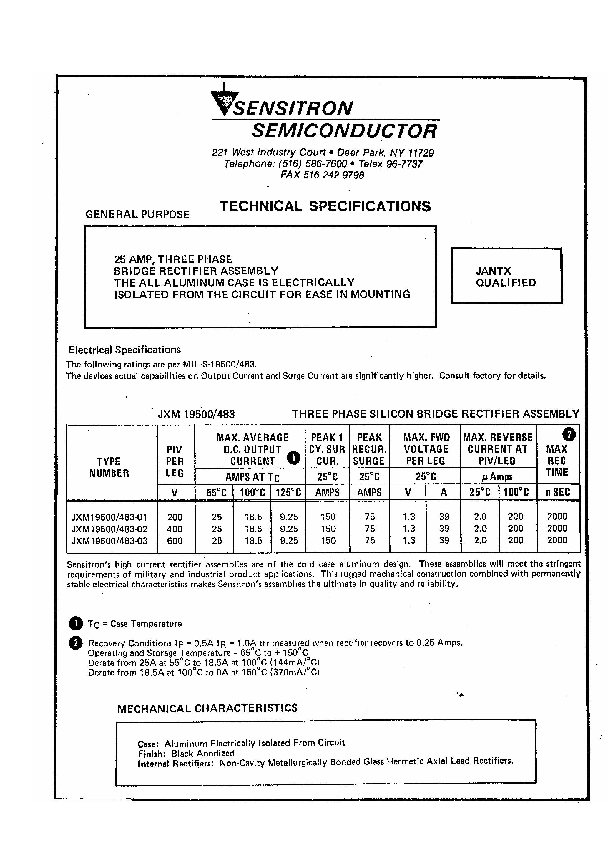 Datasheet JXM19500 - 25 Amp / 3 Phase / Bridge Rectifier Assembly page 1