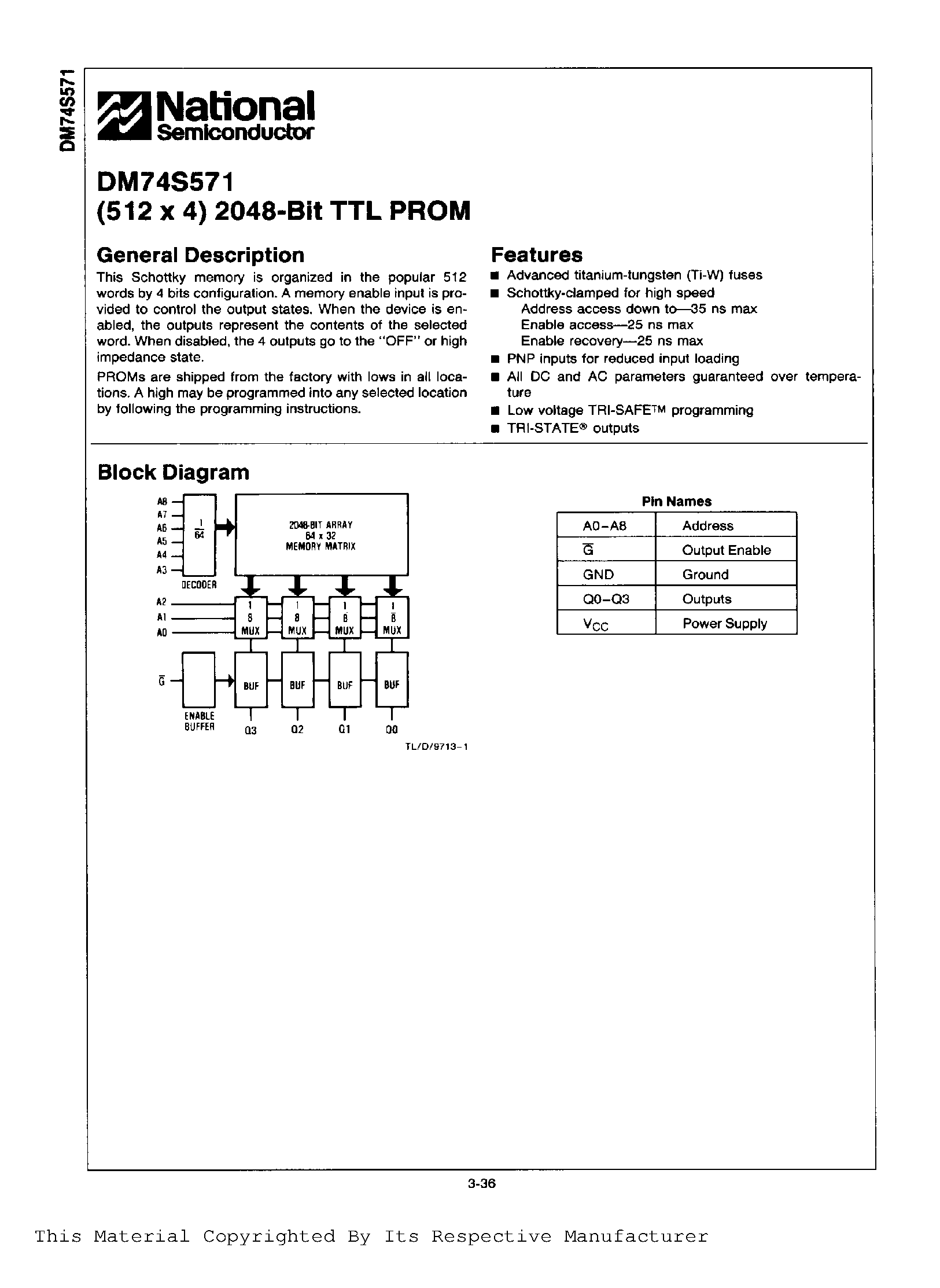 Datasheet DM74S571 page 1 Datasheet DM74S571 - (512 x 4) 2048 Bit TTL PROM page 1