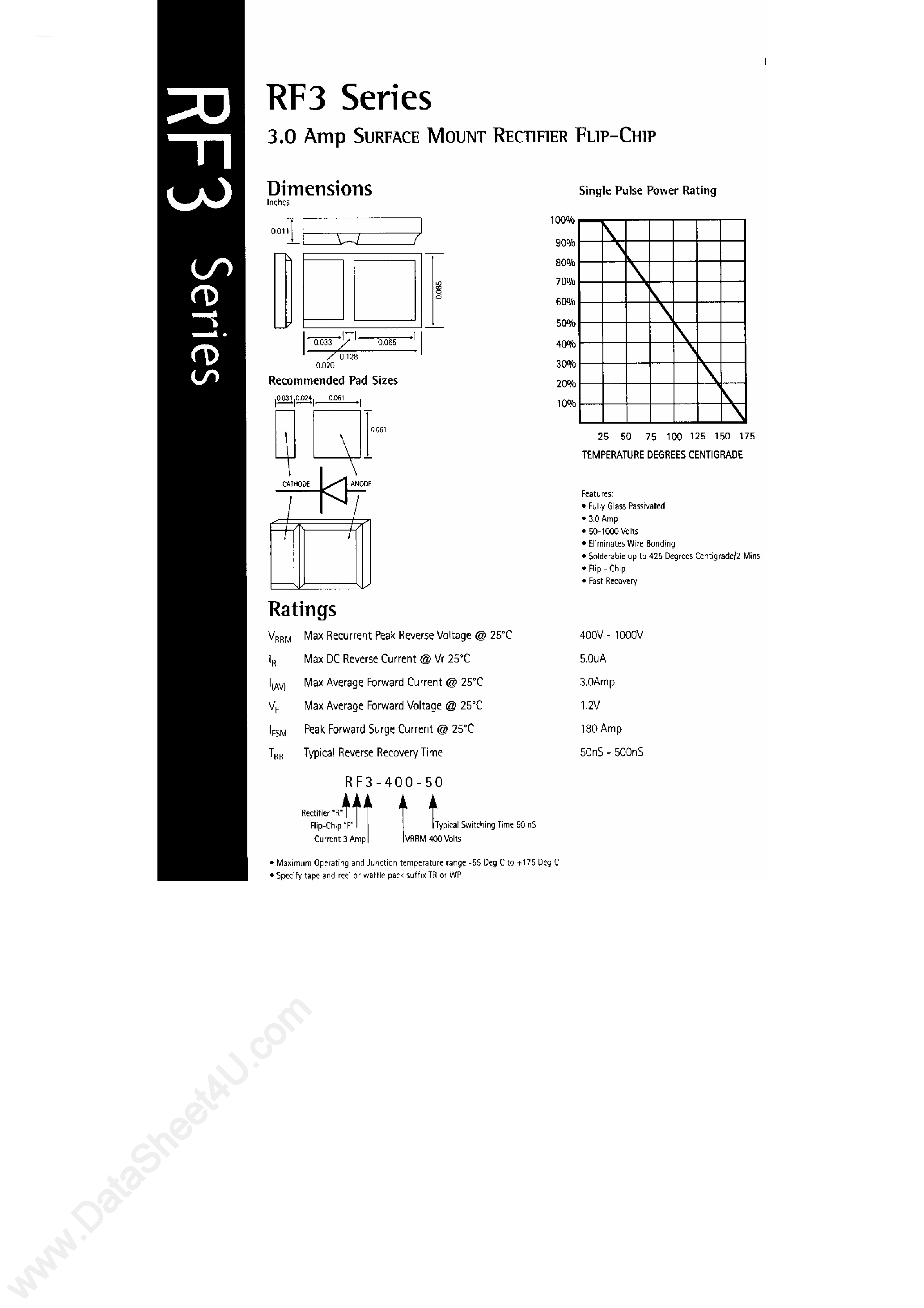 Даташит RF3200 - RF3-xxx Series / 3 Amp Surface Mount Rectifier Flip-Chip страница 1
