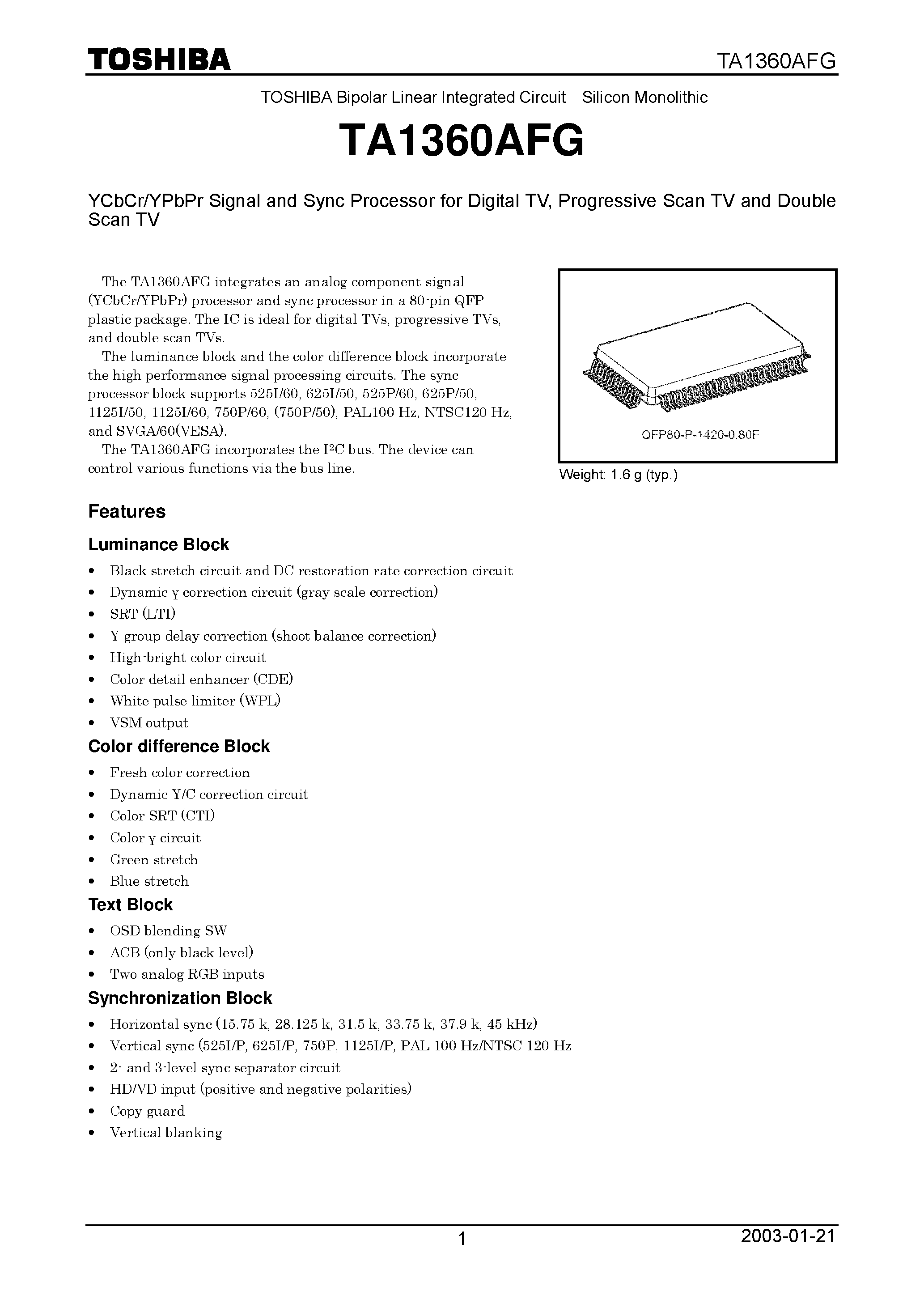 Datasheet TA1360AFG page 1 Datasheet TA1360AFG - YCbCr/YPbPr Signal and Sync Processor for Digital TV page 1
