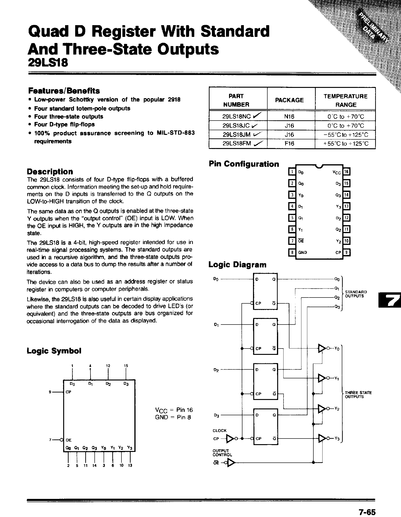 Datasheet 29LS18 - Quad D Register With Standard and Three-State Outputs page 1
