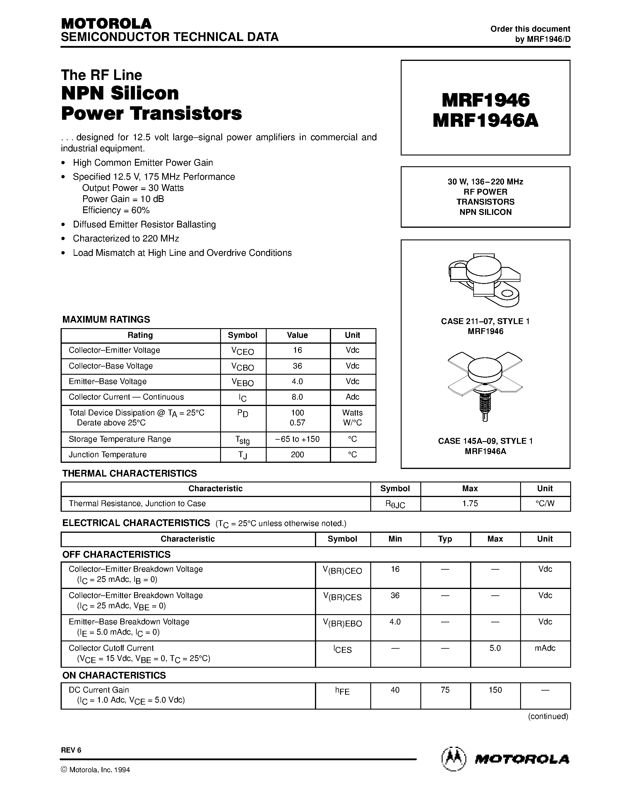 Datasheet MRF1946 page 1 Datasheet MRF1946 - RF POWER TRANSISTORS NPN SILICON page 1
