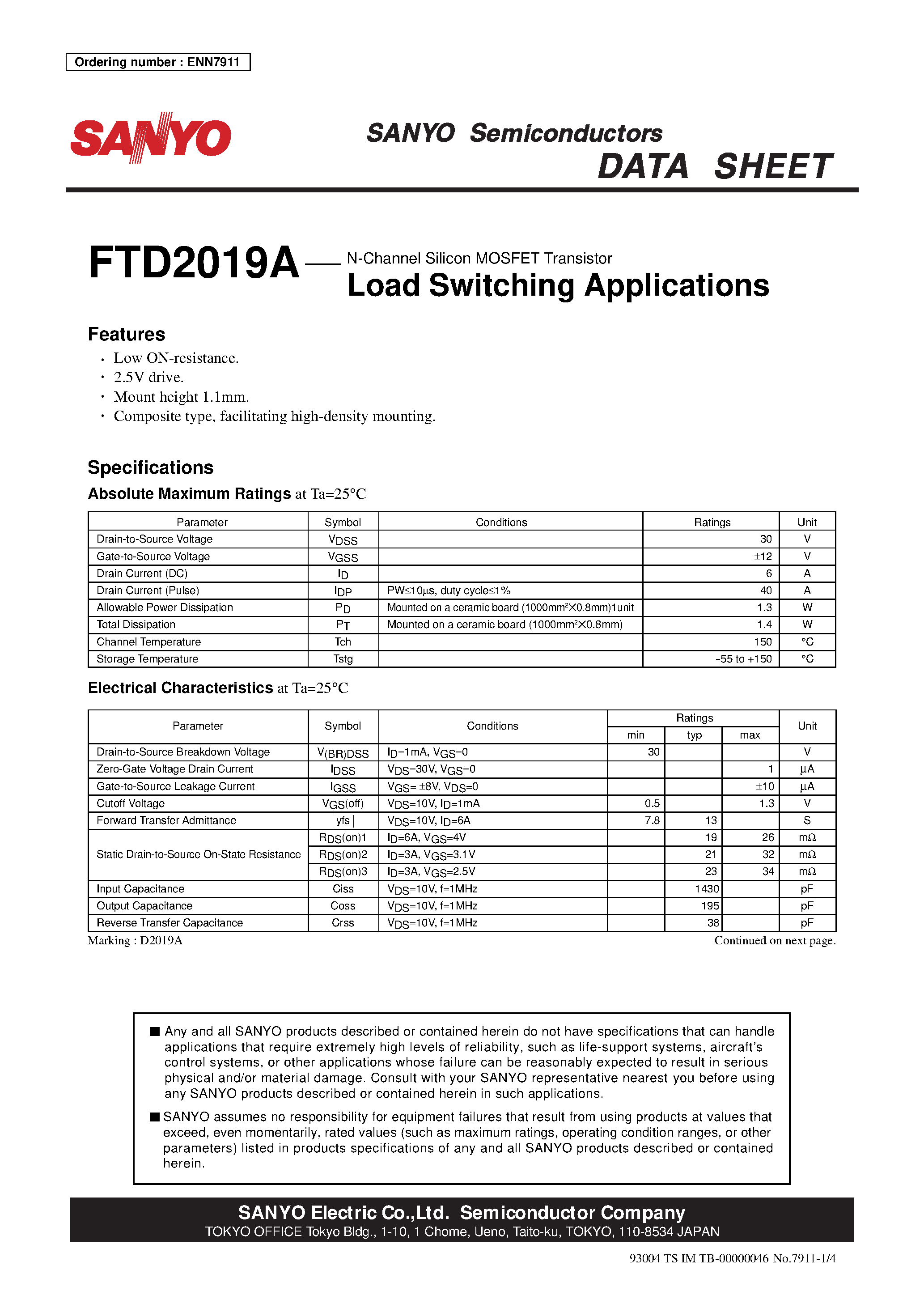 Даташит на микросхему FTD2019A страница 1 Даташит FTD2019A - Load Switching Applications страница 1