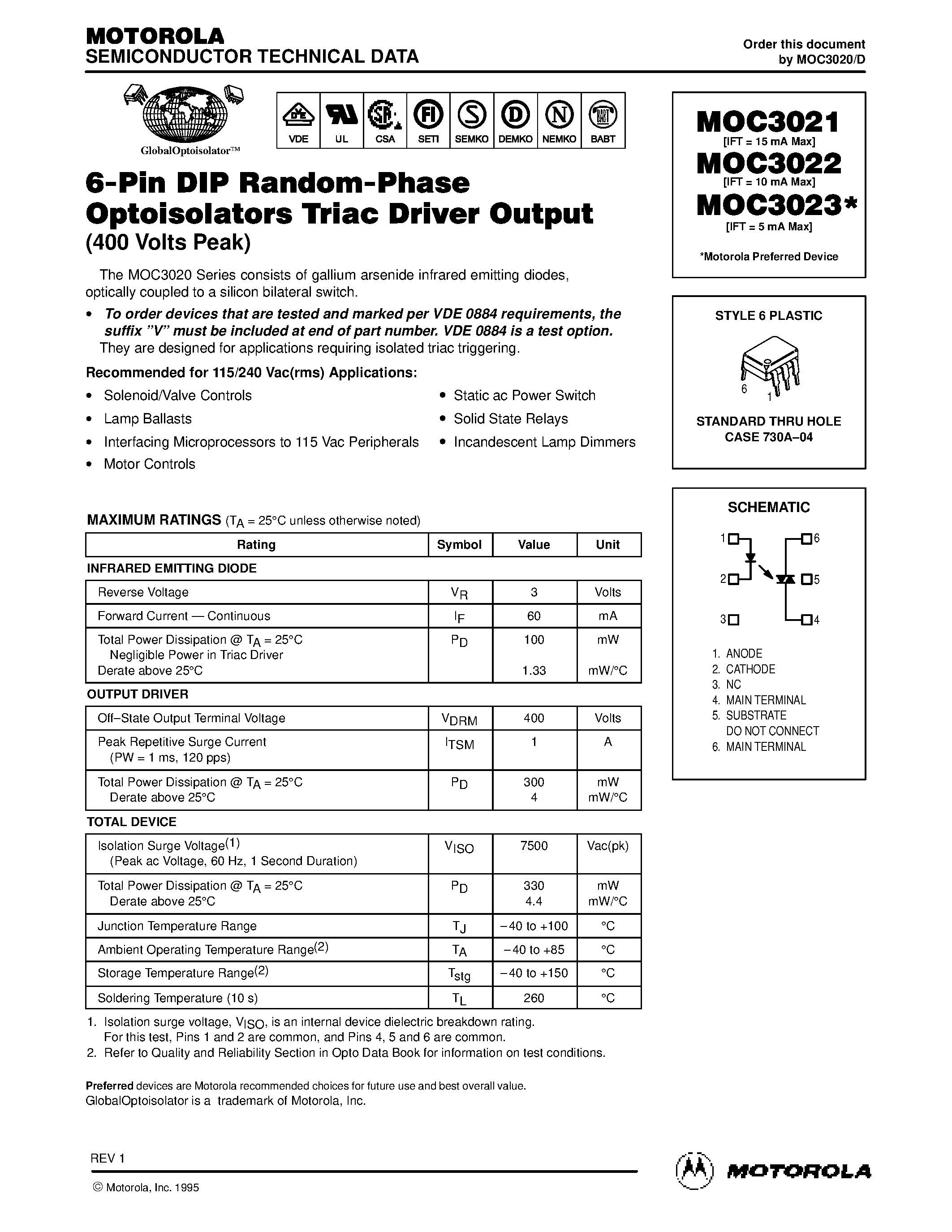 Даташит MOC302x - 6-Pin DIP Random-Phase Optoisolators Triac Driver Output страница 1