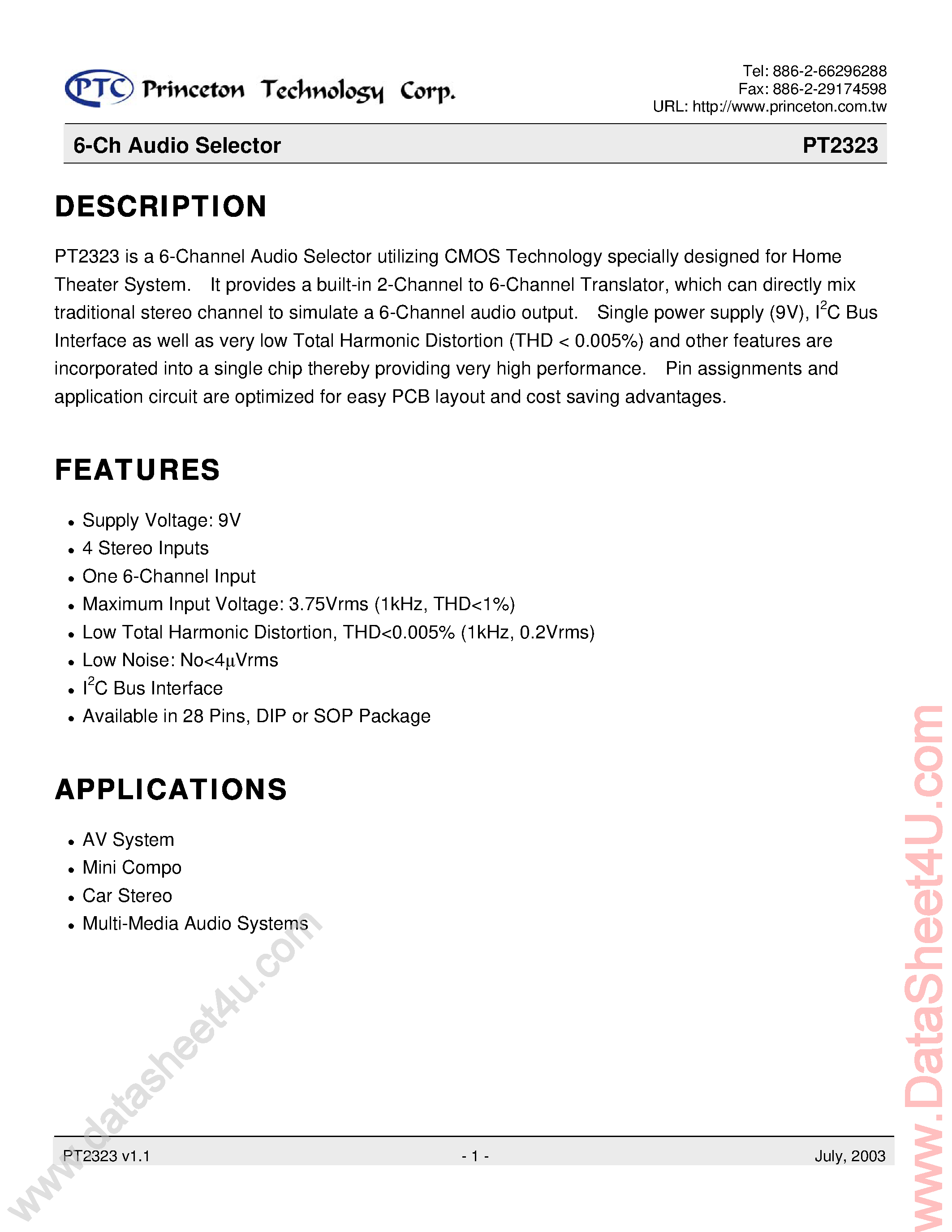 Datasheet PT2323 - 6-Channel Audio Selector Utilizing CMOS Technology Specially Designed page 1