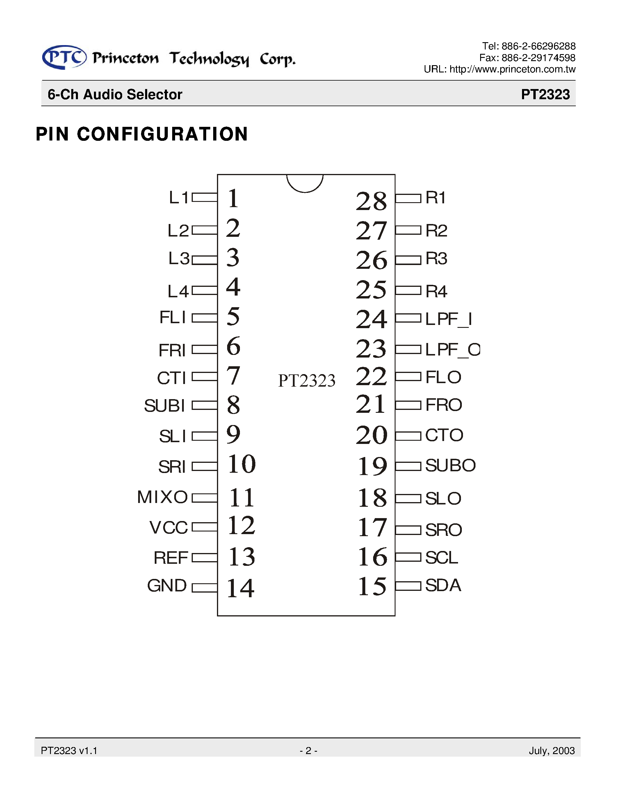 Datasheet PT2323 - 6-Channel Audio Selector Utilizing CMOS Technology Specially Designed page 2