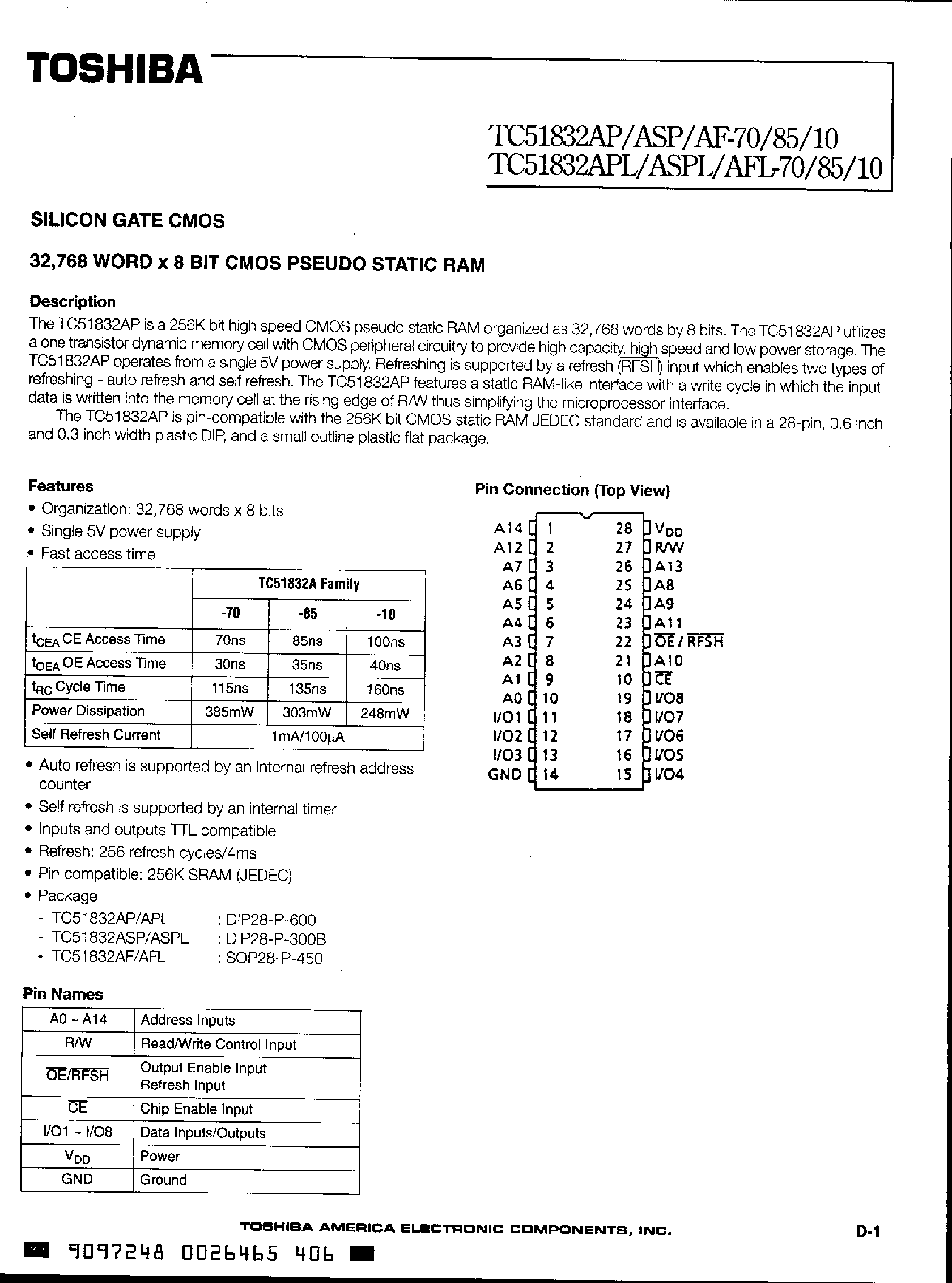Даташит TC51832 - Silicon Gate CMOS / 32768 word x 8 Bit CMOS Pseudo Static RAM страница 1