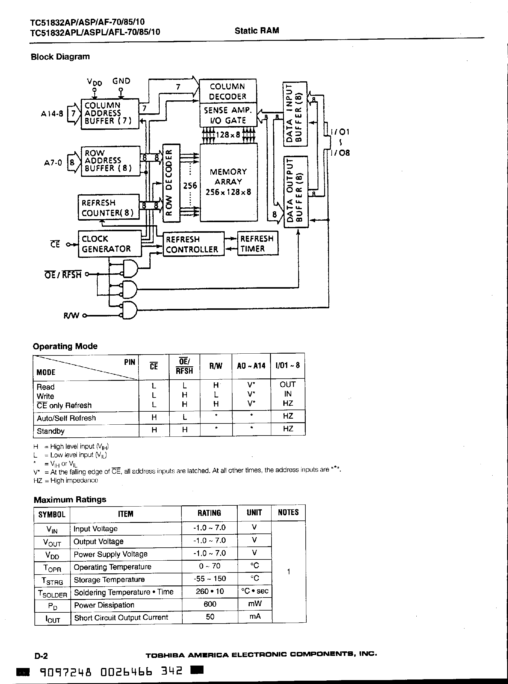 Даташит TC51832 - Silicon Gate CMOS / 32768 word x 8 Bit CMOS Pseudo Static RAM страница 2