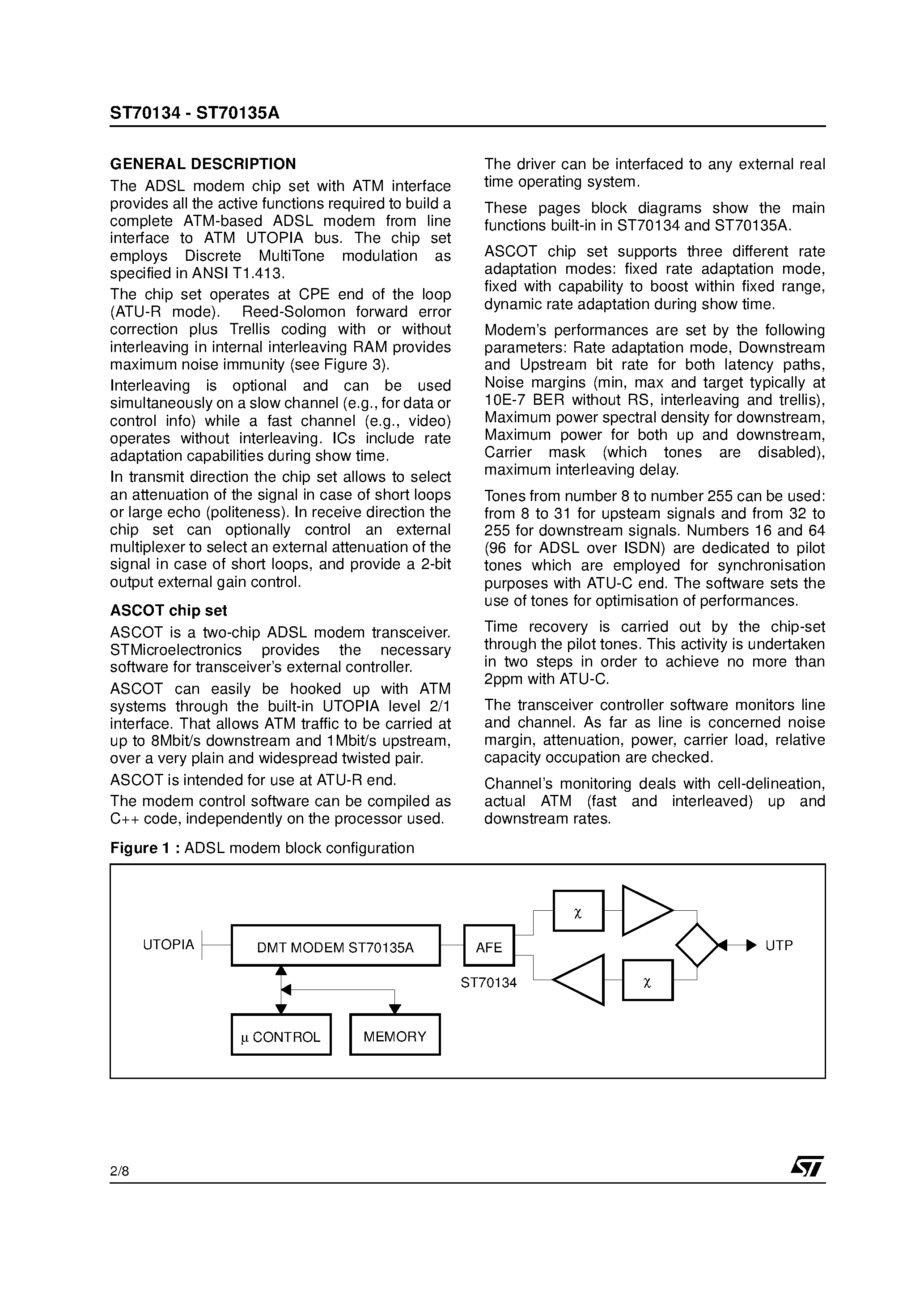 Datasheet ST70134 page 2 Datasheet ST70134 - ASCOT ADSL MODEM CHIP SET FOR CPE page 2