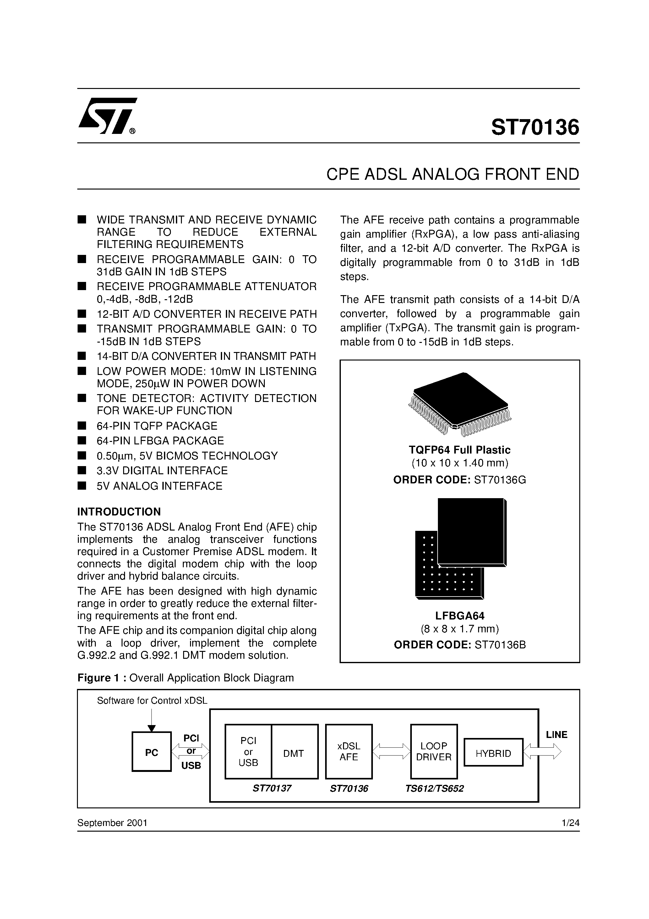 Datasheet ST70136 page 1 Datasheet ST70136 - CPE ADSL ANALOG FRONT END page 1