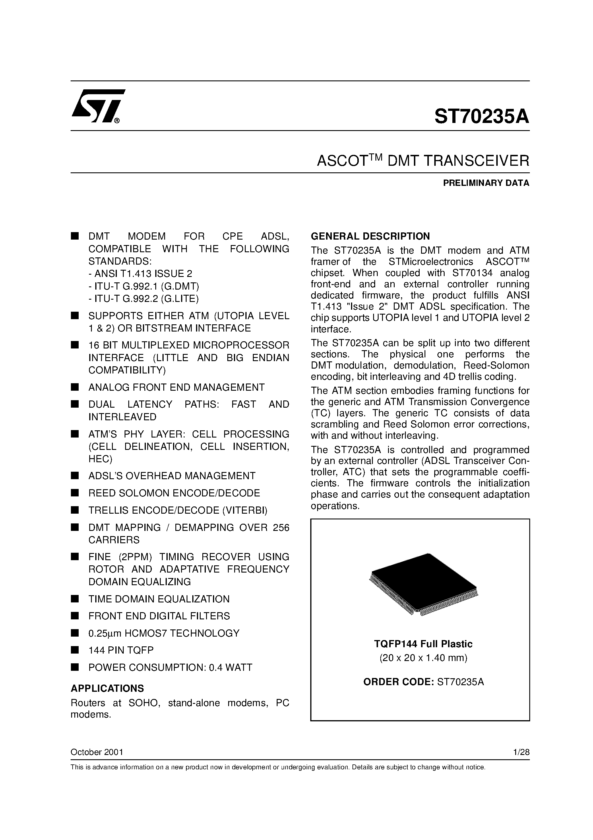 Datasheet ST70235A page 1 Datasheet ST70235A - ASCOTTM DMT TRANSCEIVER page 1