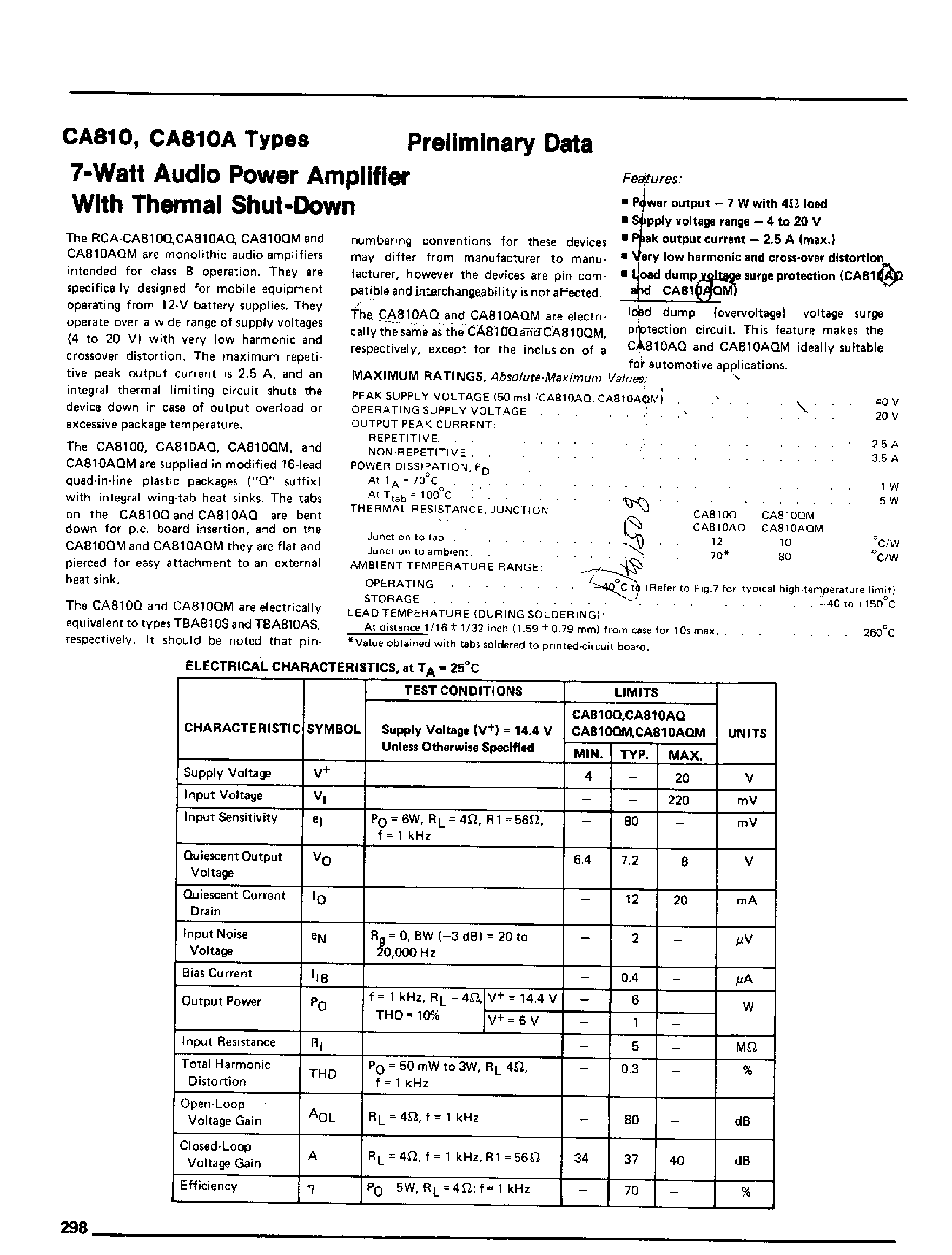 Datasheet CA810 - 7 Watt Audio Power Amplifier with Thermal Shut-Down page 1