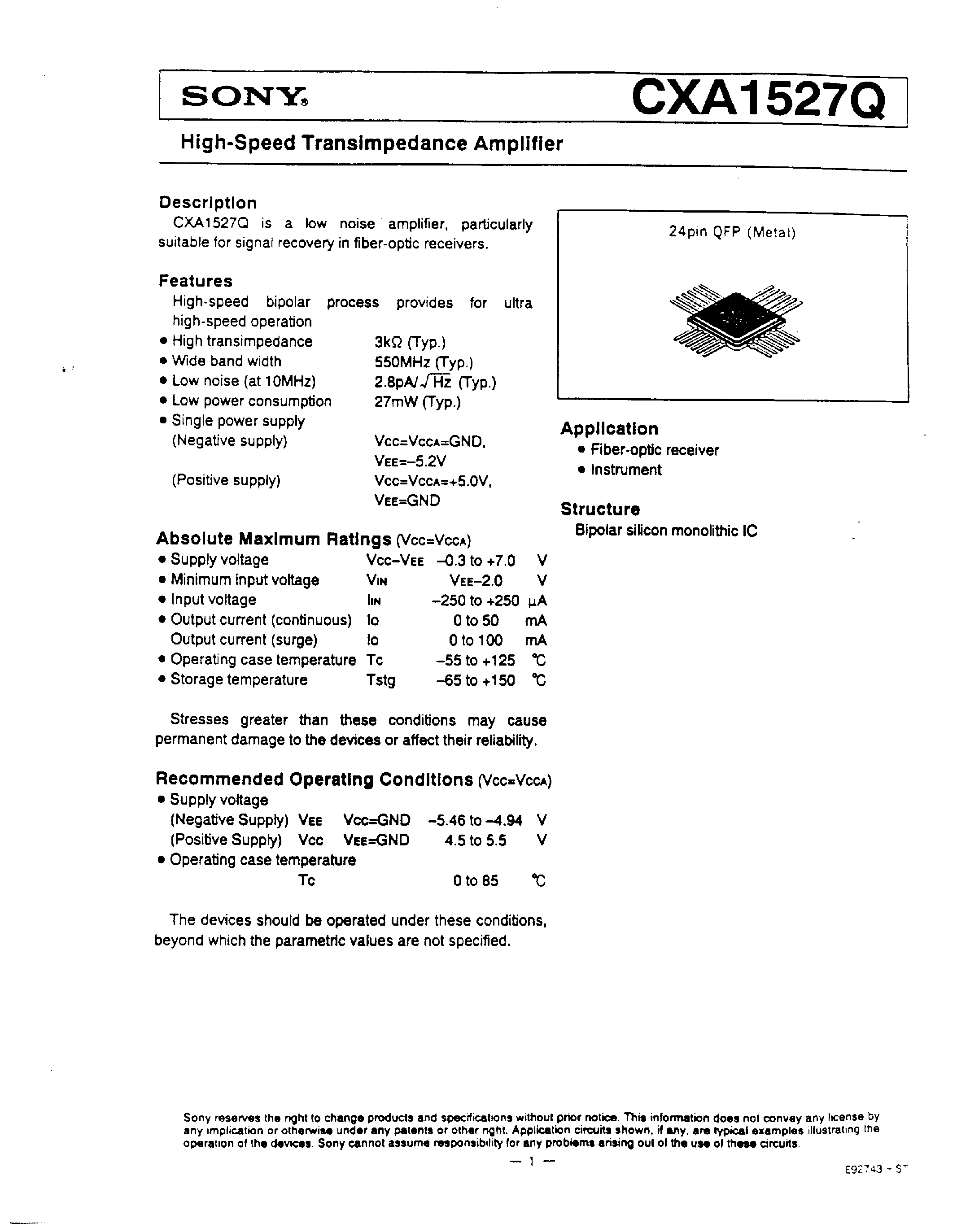 Datasheet CXA1527Q page 1 Datasheet CXA1527Q - High Speed Transimpedance Amplifier page 1