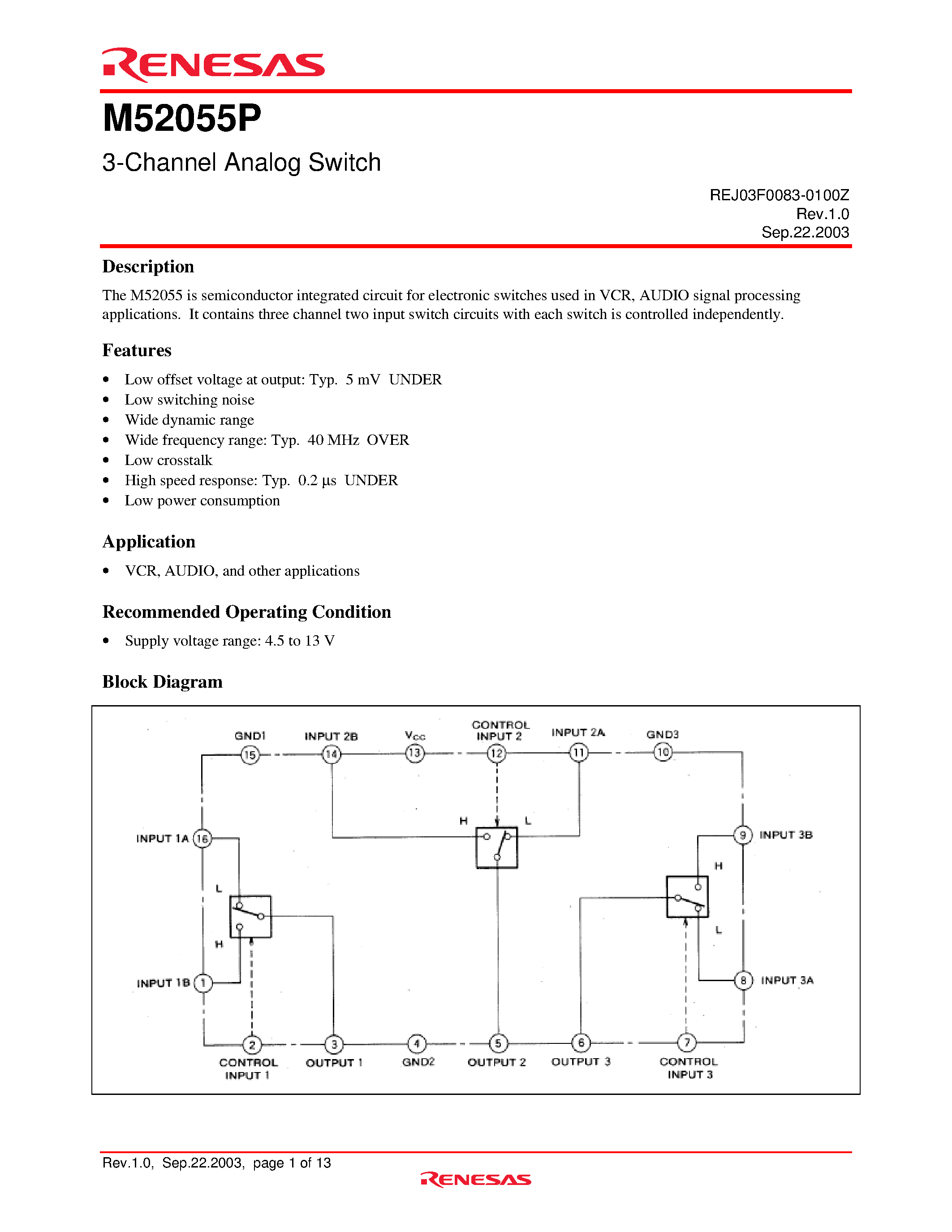 Datasheet M52055P - 3 Channel Analog Switch page 1