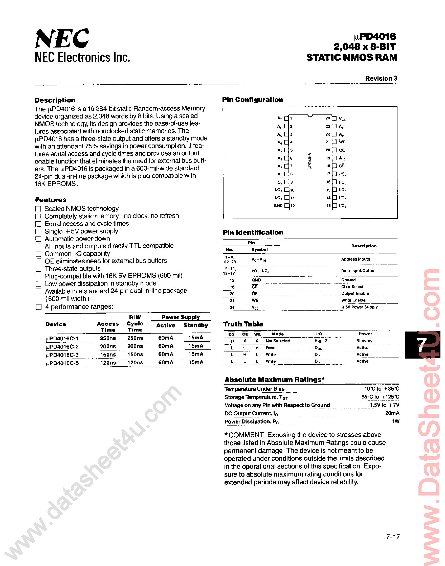 Даташит UPD4016 - 2048 x 8 Bit Static NMOS RAM страница 1