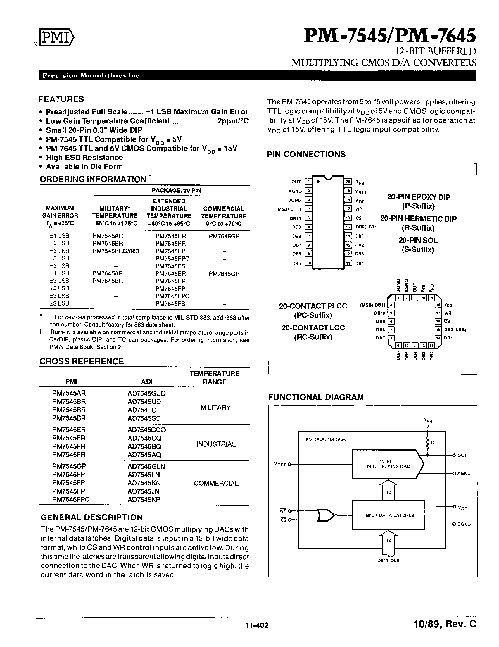 Даташит PM7645 - 12 Bit Buffered Multiplying CMOS D/A Convertors страница 1