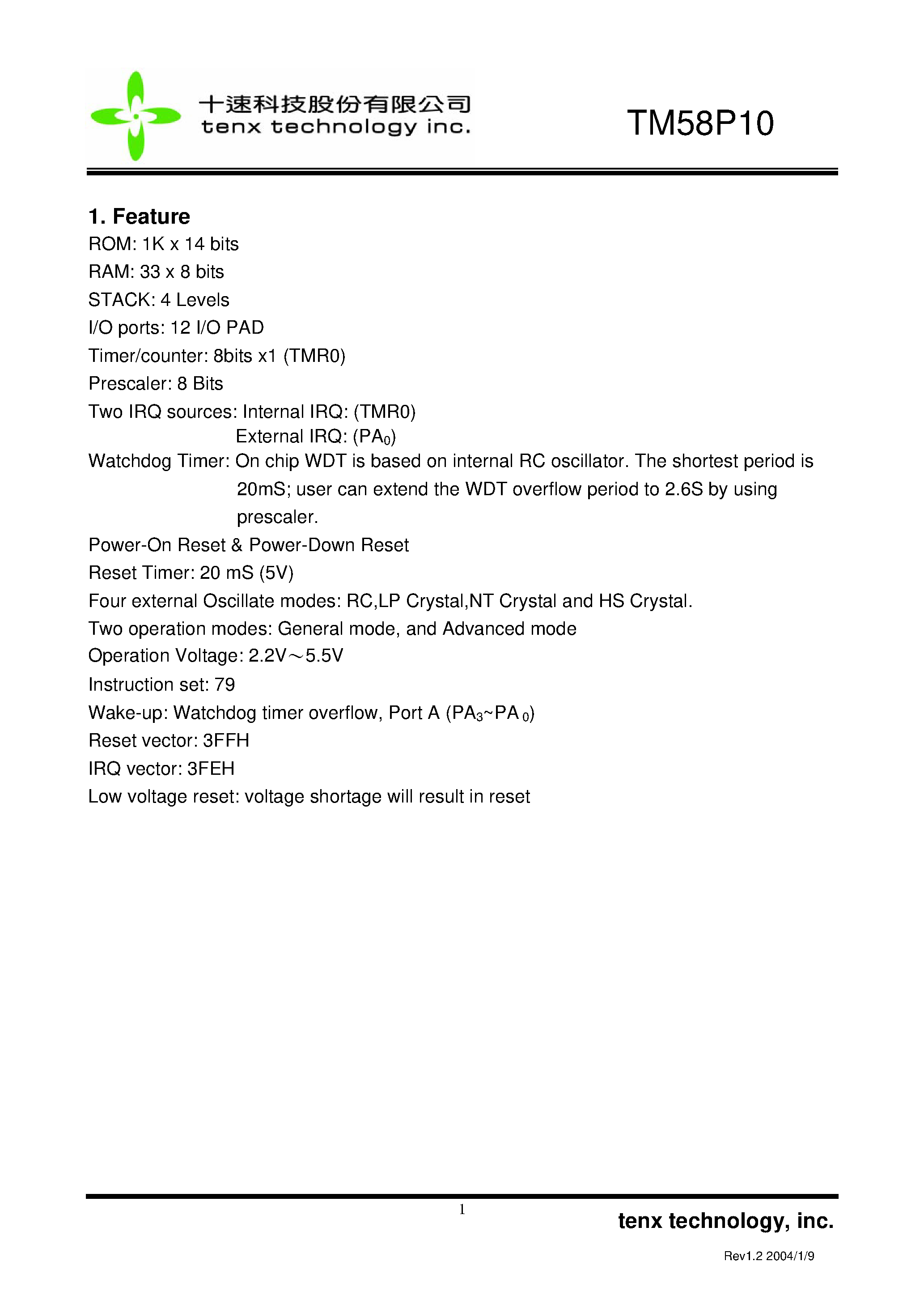 Даташит TM58P10 - 8 Bit Microcontroller страница 2