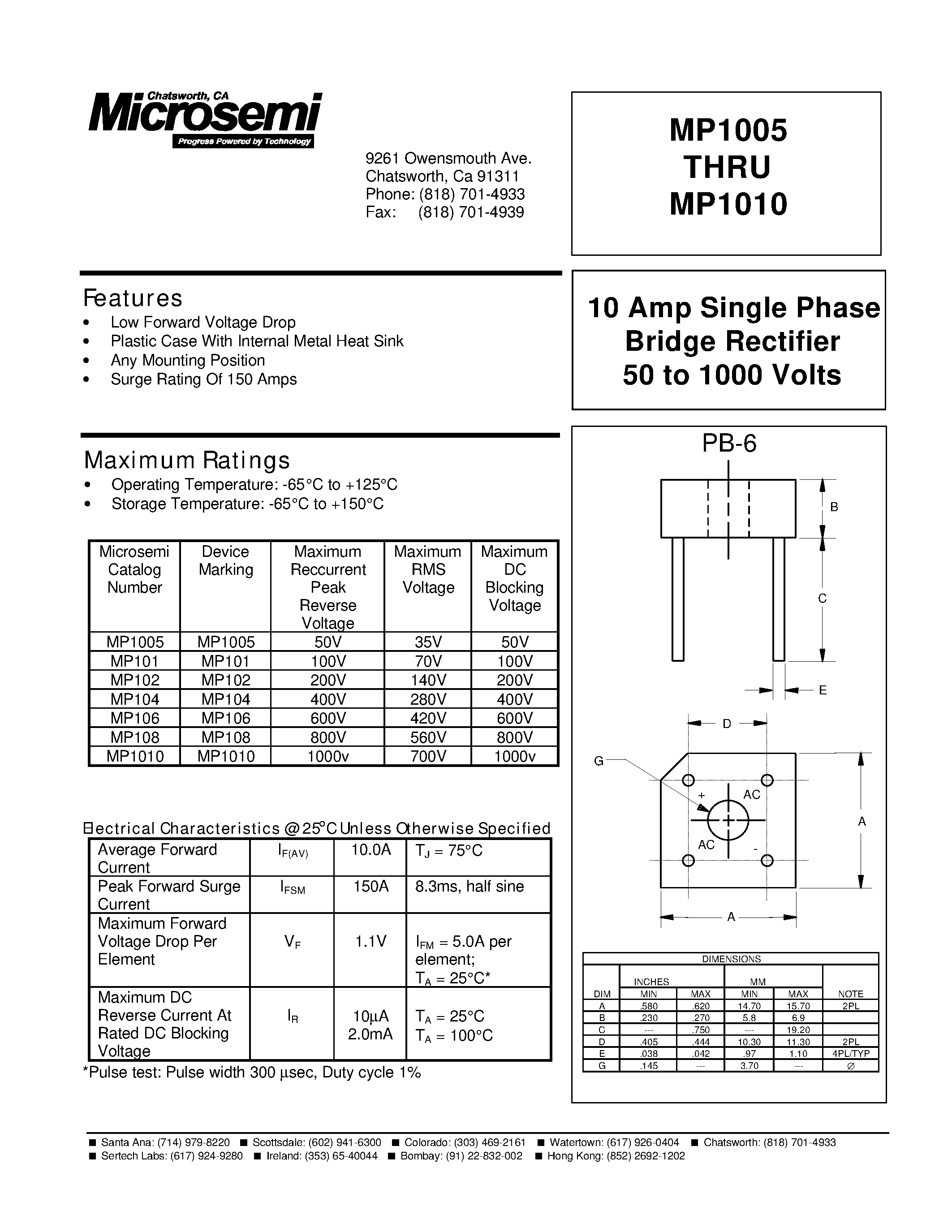 Даташит MP1010 - 10 Amp Single Phase Bridge Rectifier 50 to 1000 Volts страница 1