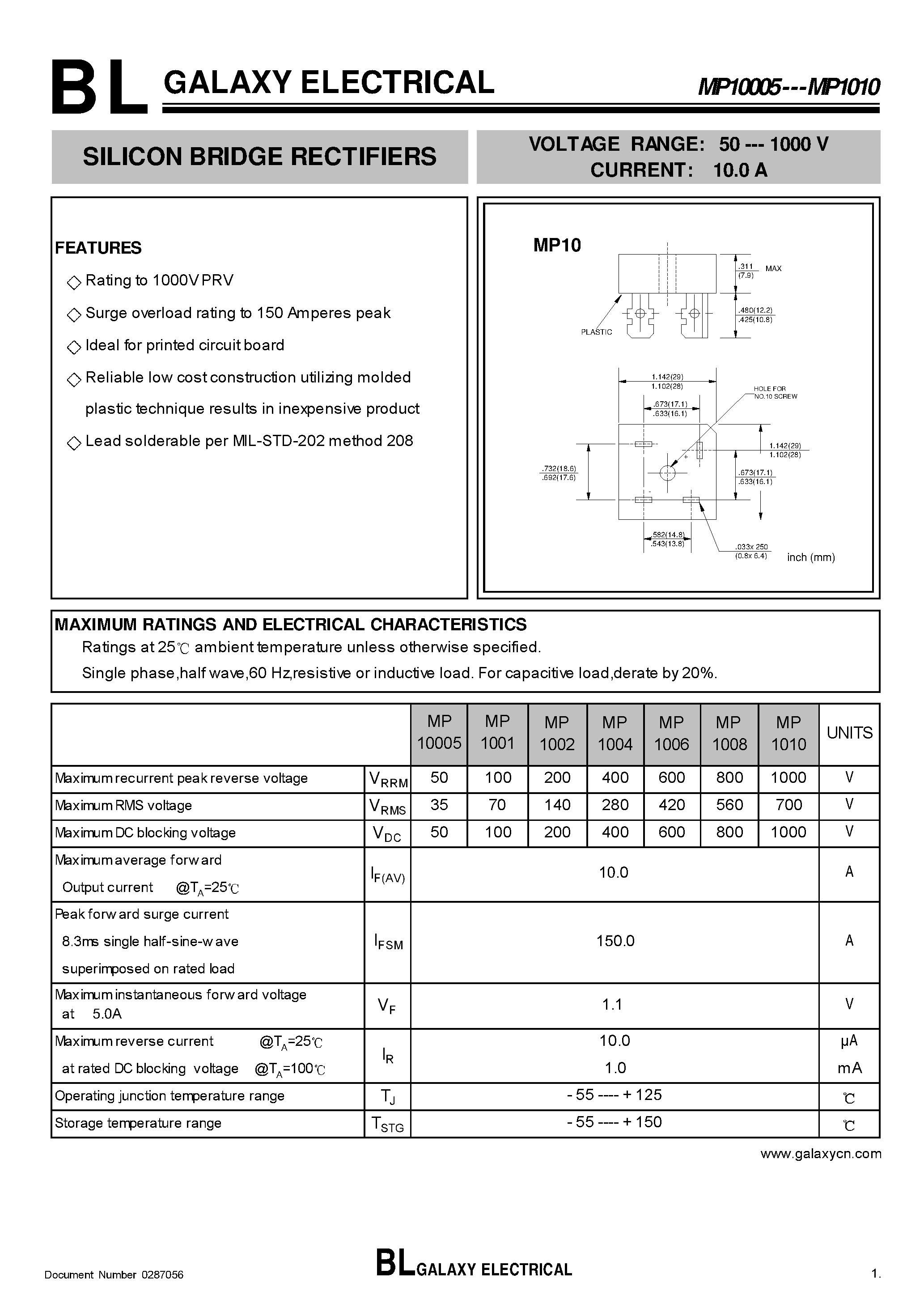 Datasheet MP1010 page 1 Datasheet MP1010 - Silicon Vridge Rectifiers page 1