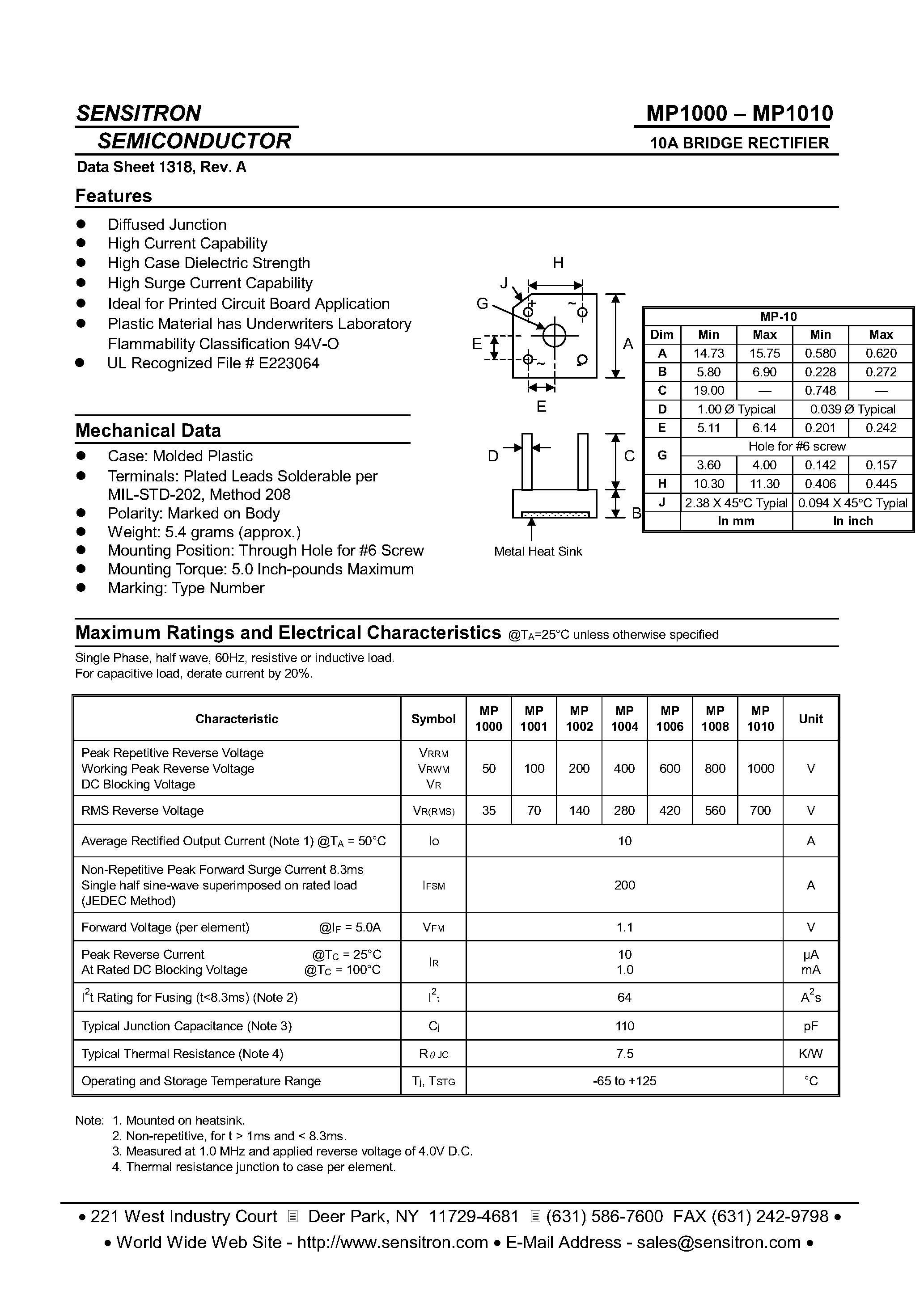 Datasheet MP1010 page 1 Datasheet MP1010 - 10A Bridge Rectifiers page 1