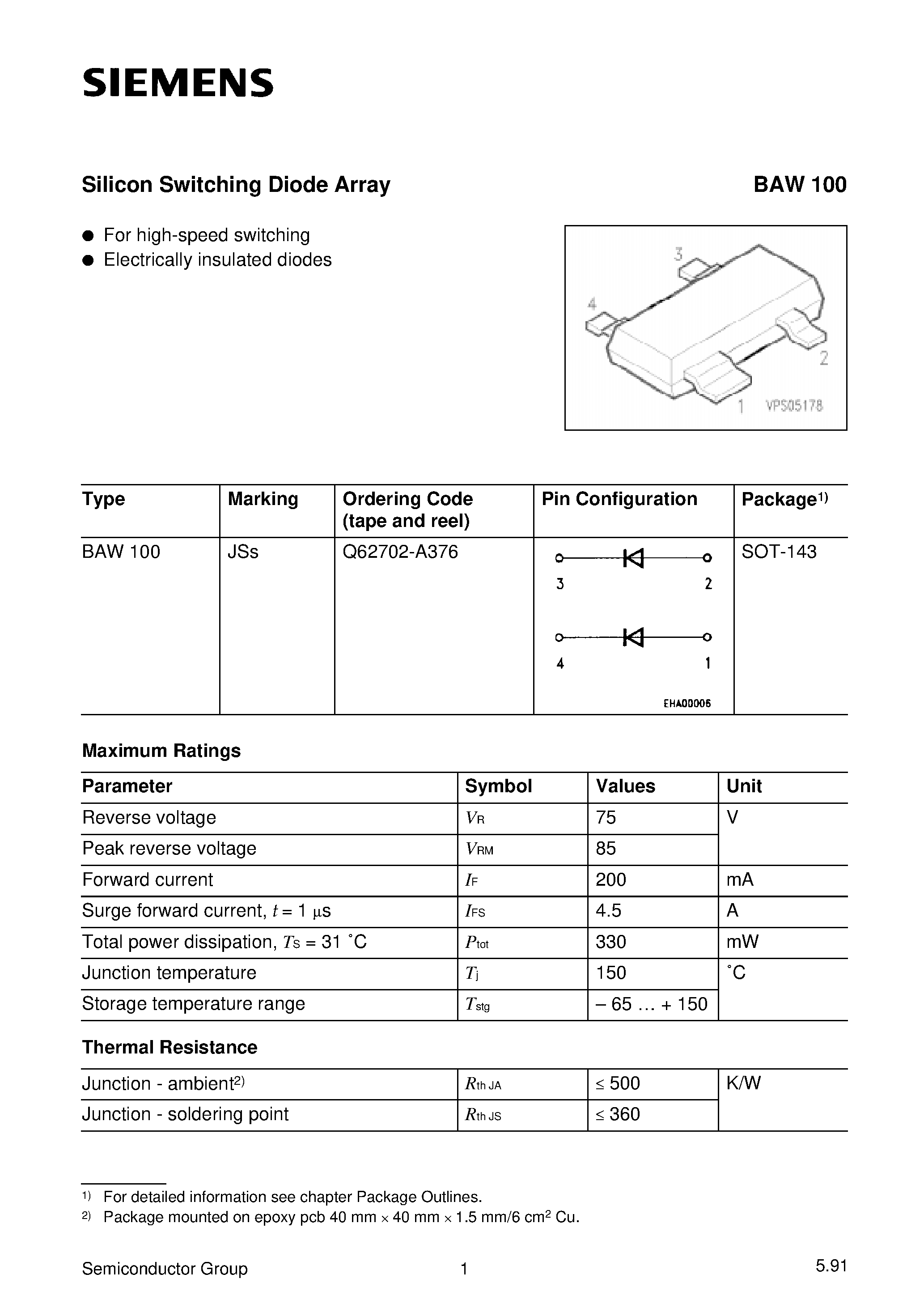 Даташит BAW100 - Silicon Switching Diode Array (For high-speed switching Electrically insulated diodes) страница 1