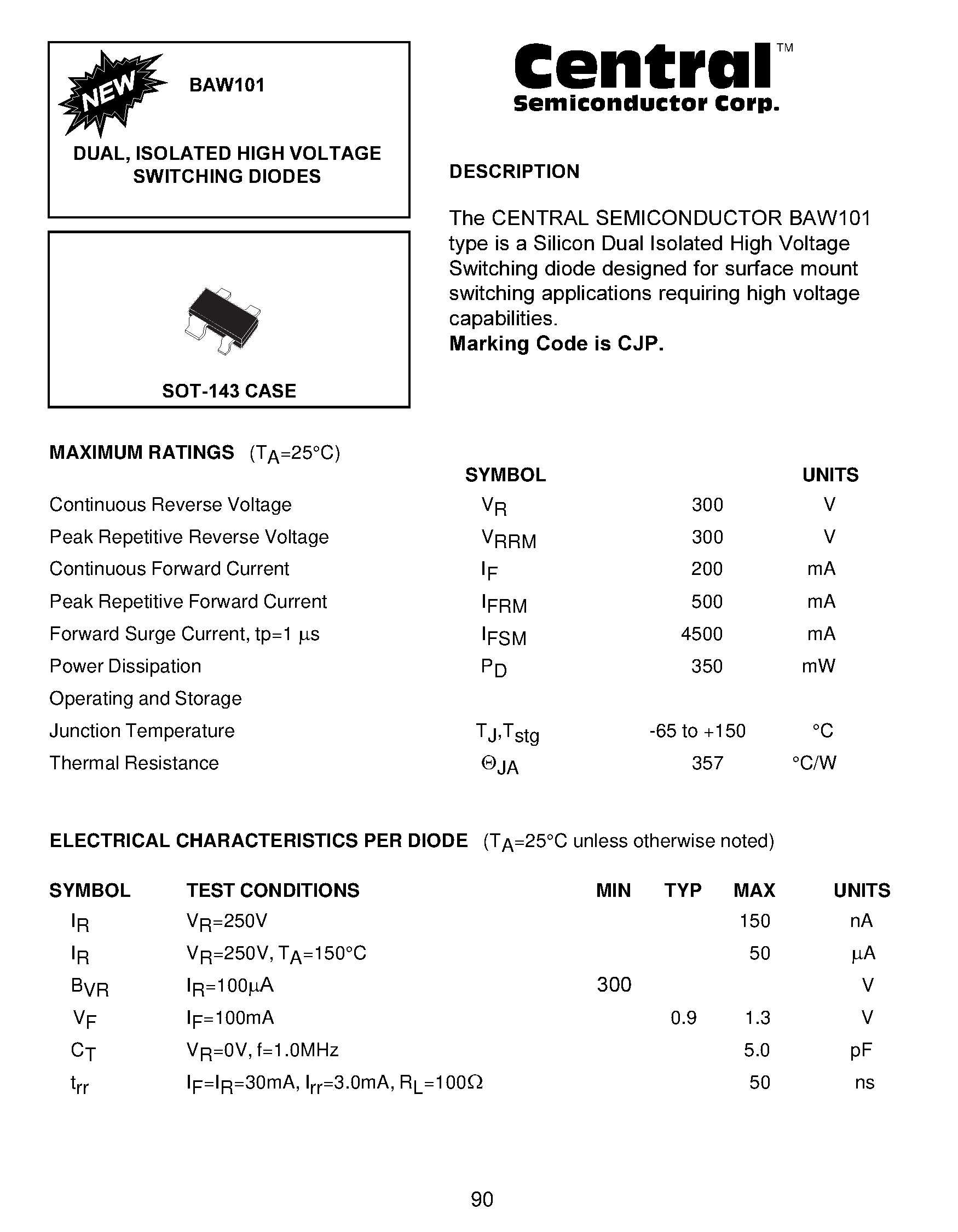 Даташит BAW101 - DUAL / ISOLATED HIGH VOLTAGE SWITCHING DIODES страница 1
