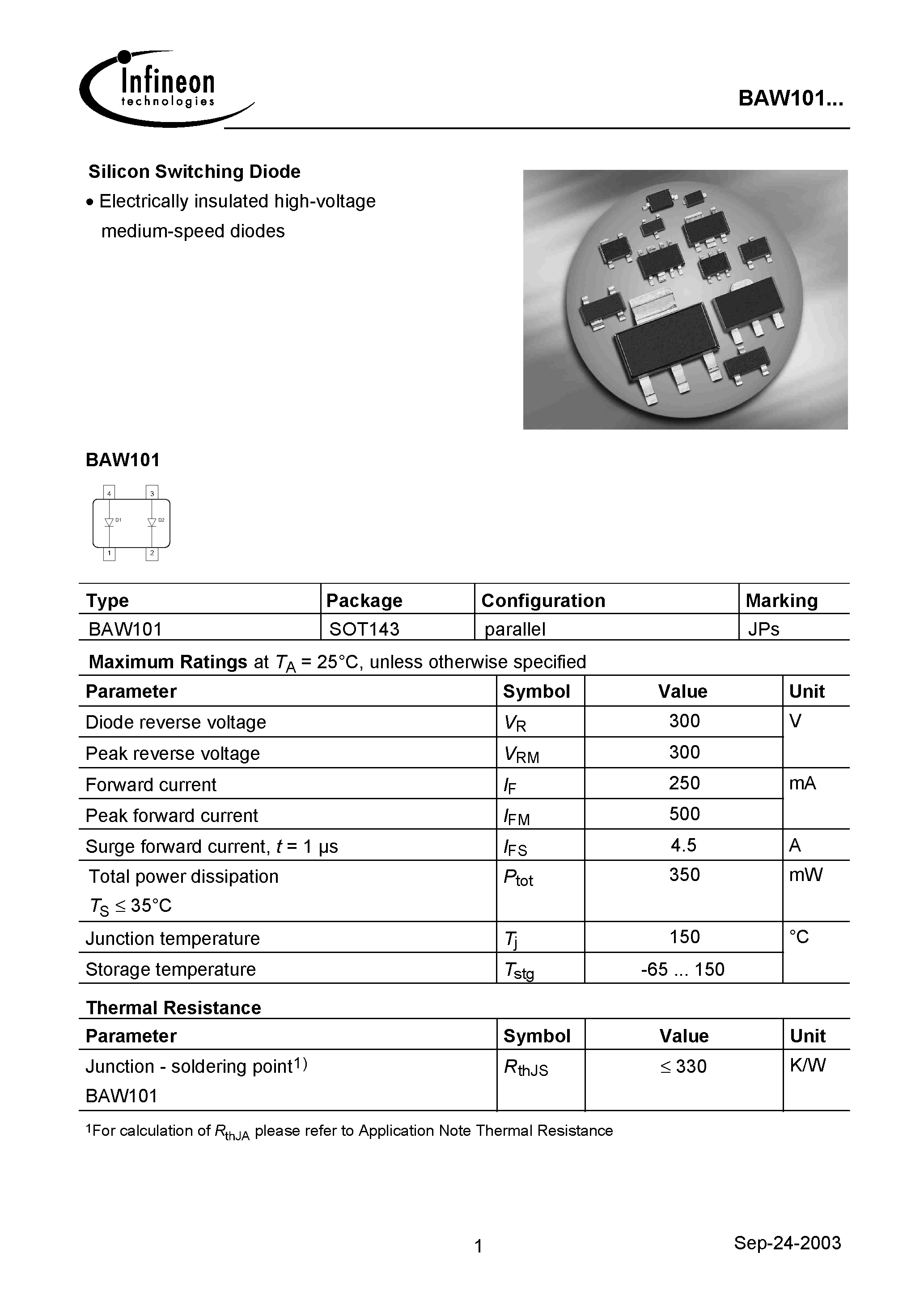 Datasheet BAW101 page 1 Datasheet BAW101 - Silicon Switching Diode page 1