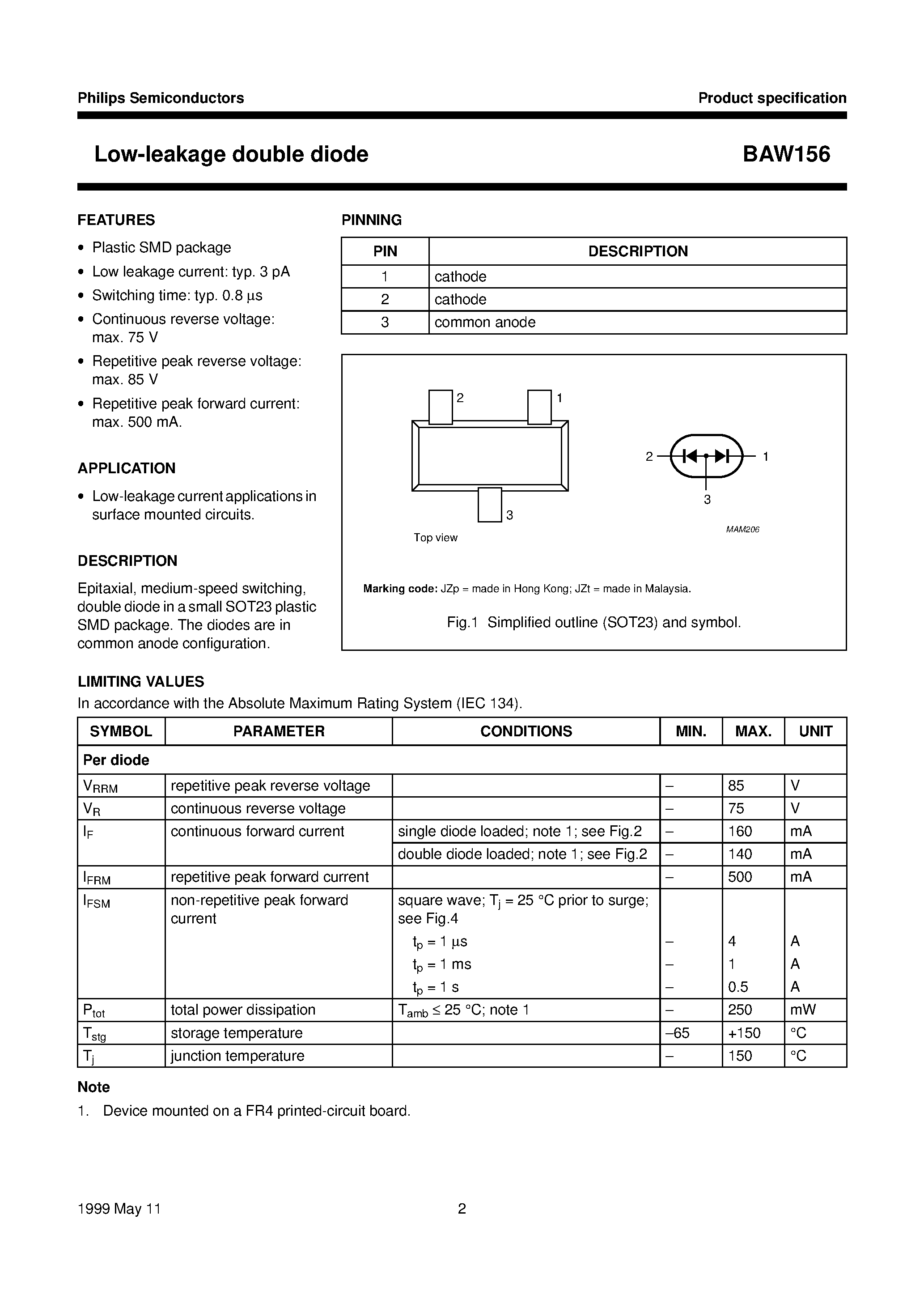 Datasheet BAW156 page 2 Datasheet BAW156 - Low-leakage double diode page 2