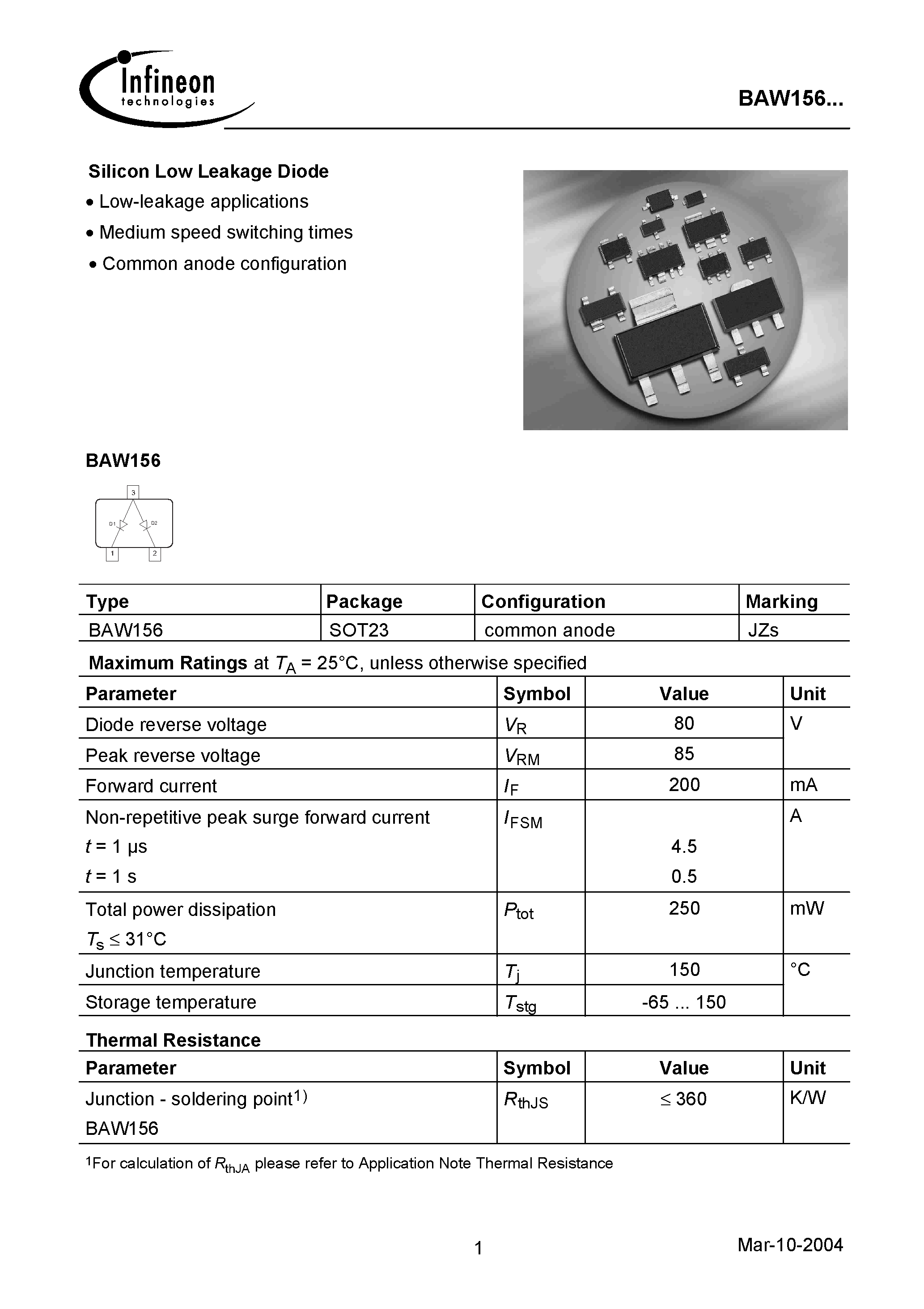 Datasheet BAW156 page 1 Datasheet BAW156 - Silicon Low Leakage Diode page 1