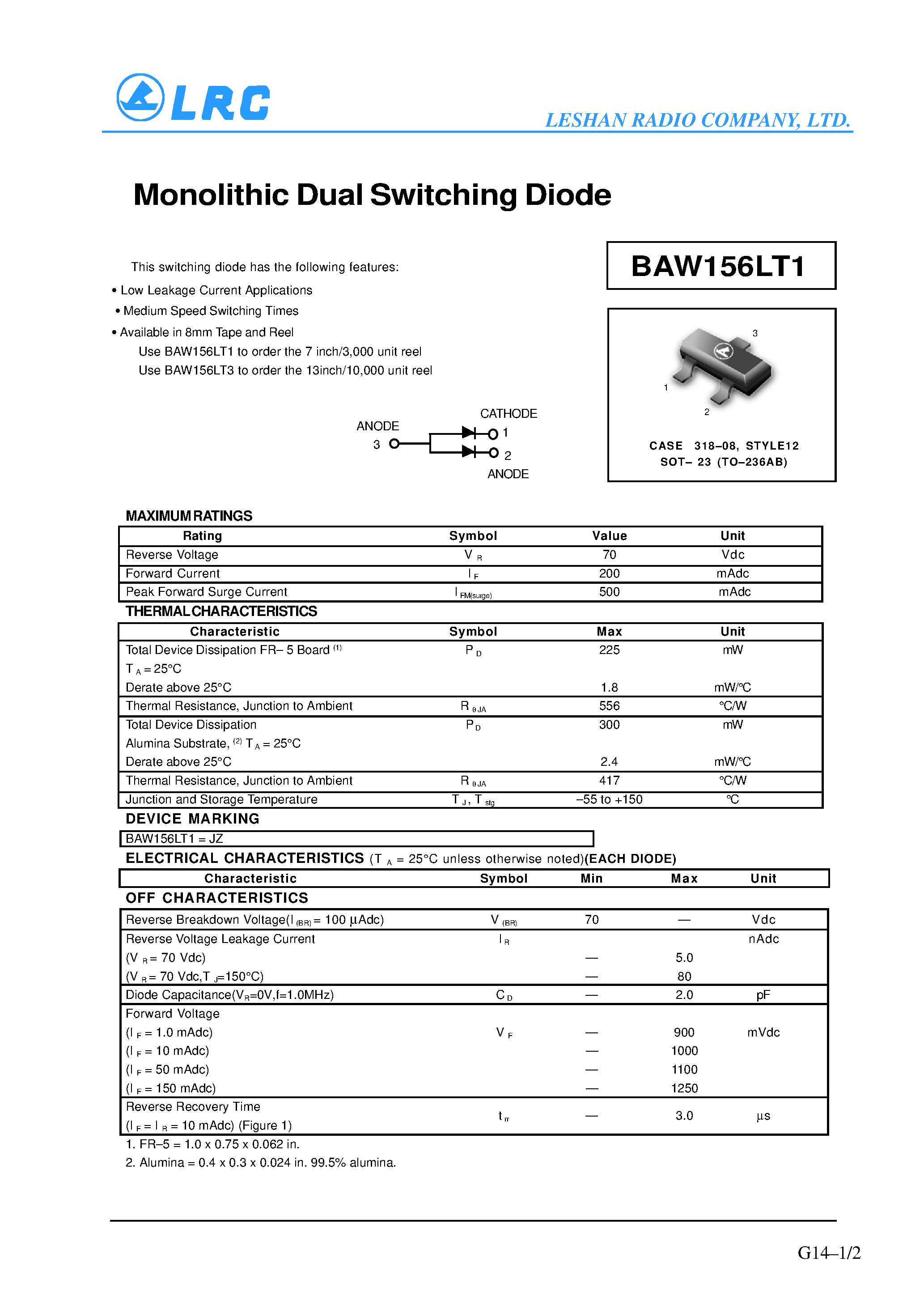 Datasheet BAW156LT1 - Monolithic Dual Switching Diode page 1