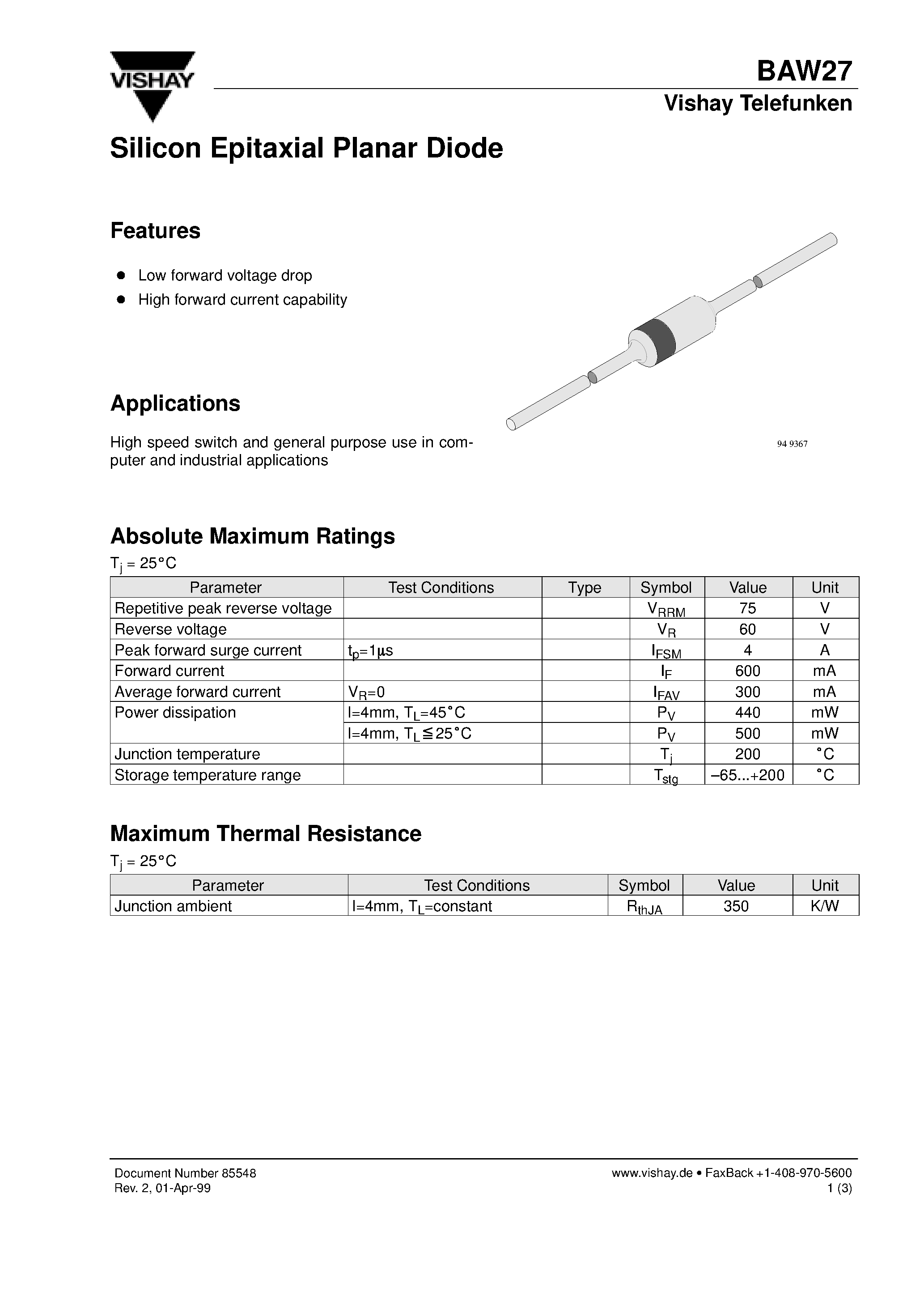 Datasheet BAW27 page 1 Datasheet BAW27 - Silicon Epitaxial Planar Diode page 1