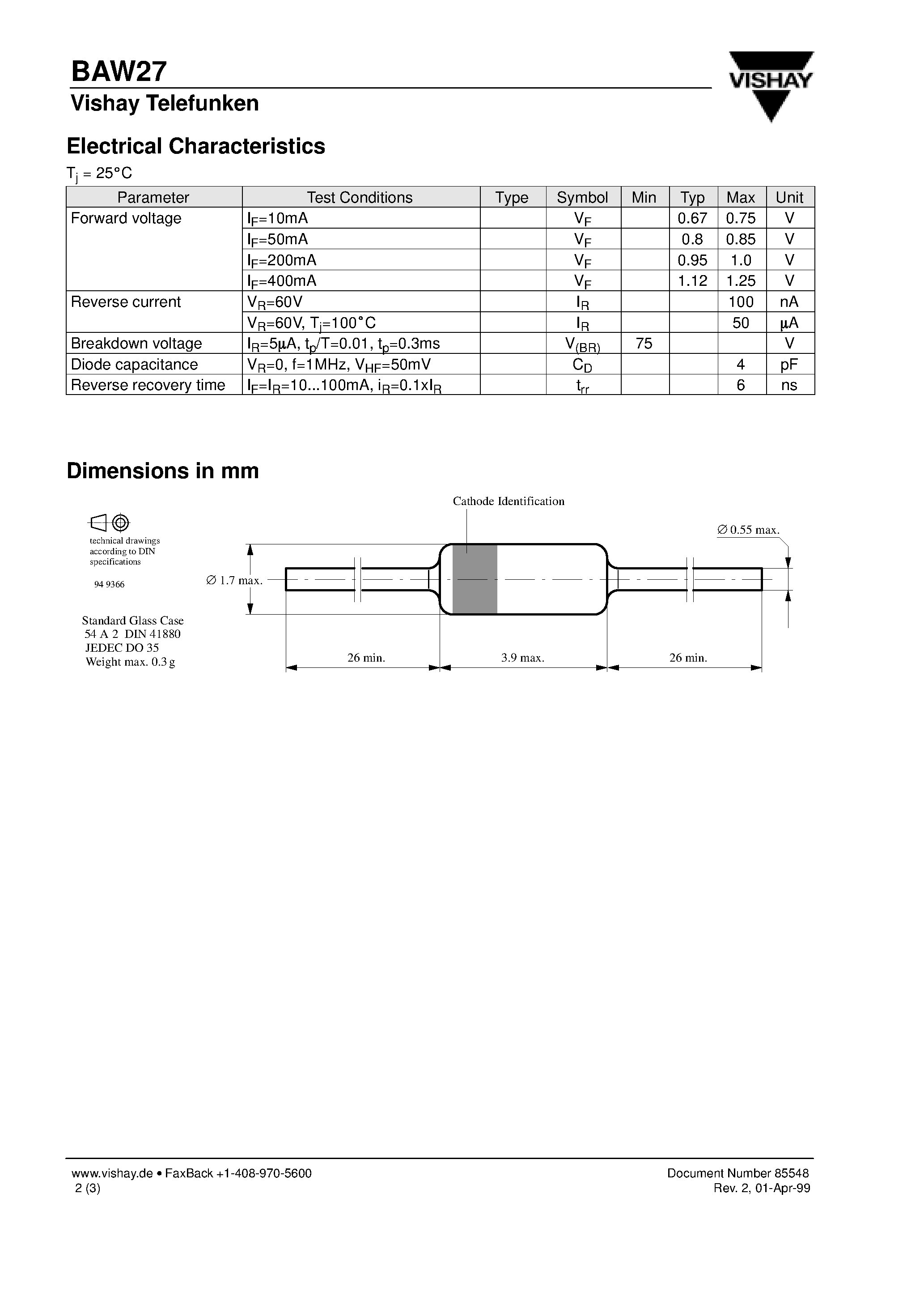 Datasheet BAW27 page 2 Datasheet BAW27 - Silicon Epitaxial Planar Diode page 2