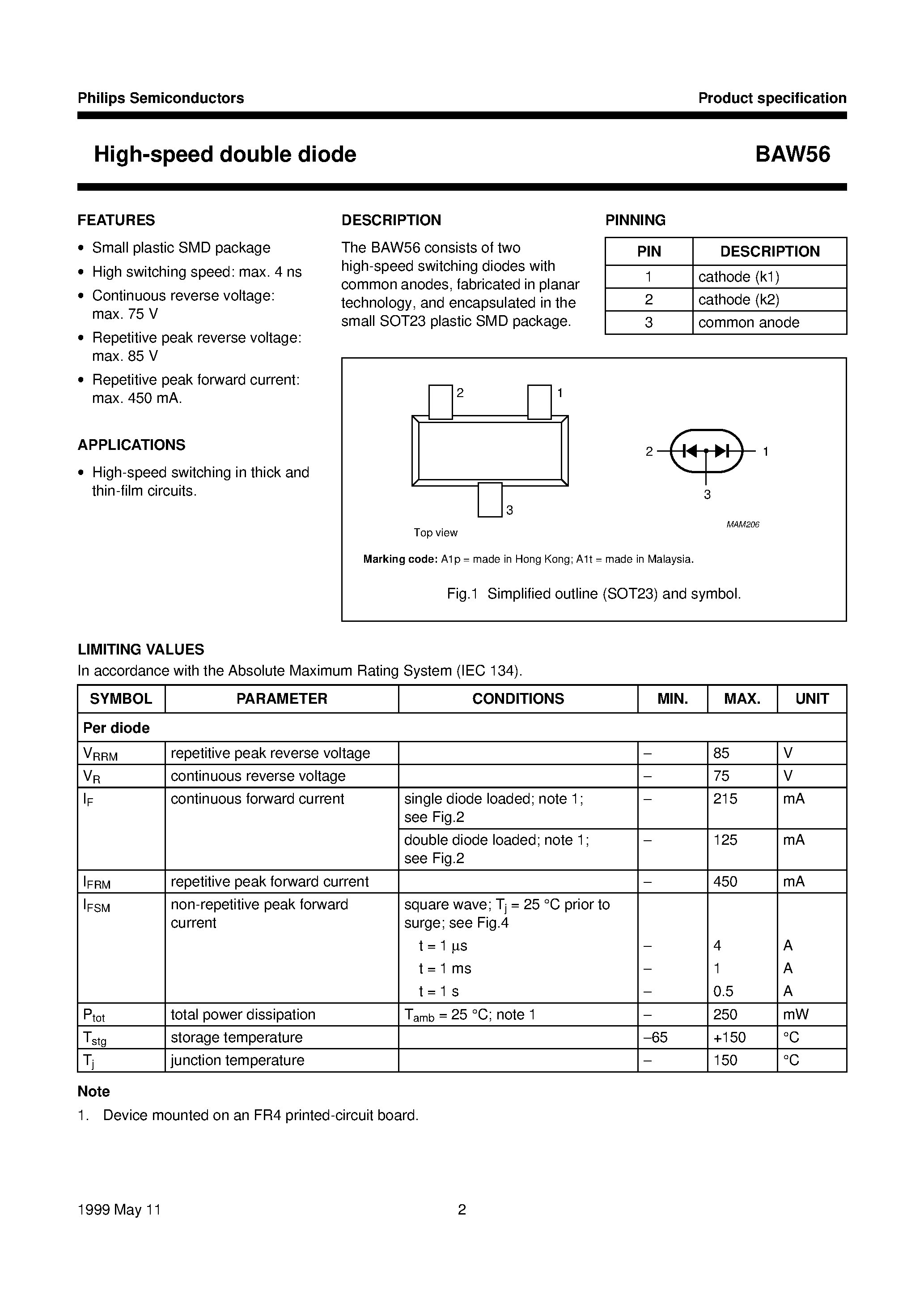 Datasheet BAW56 page 2 Datasheet BAW56 - High-speed double diode page 2