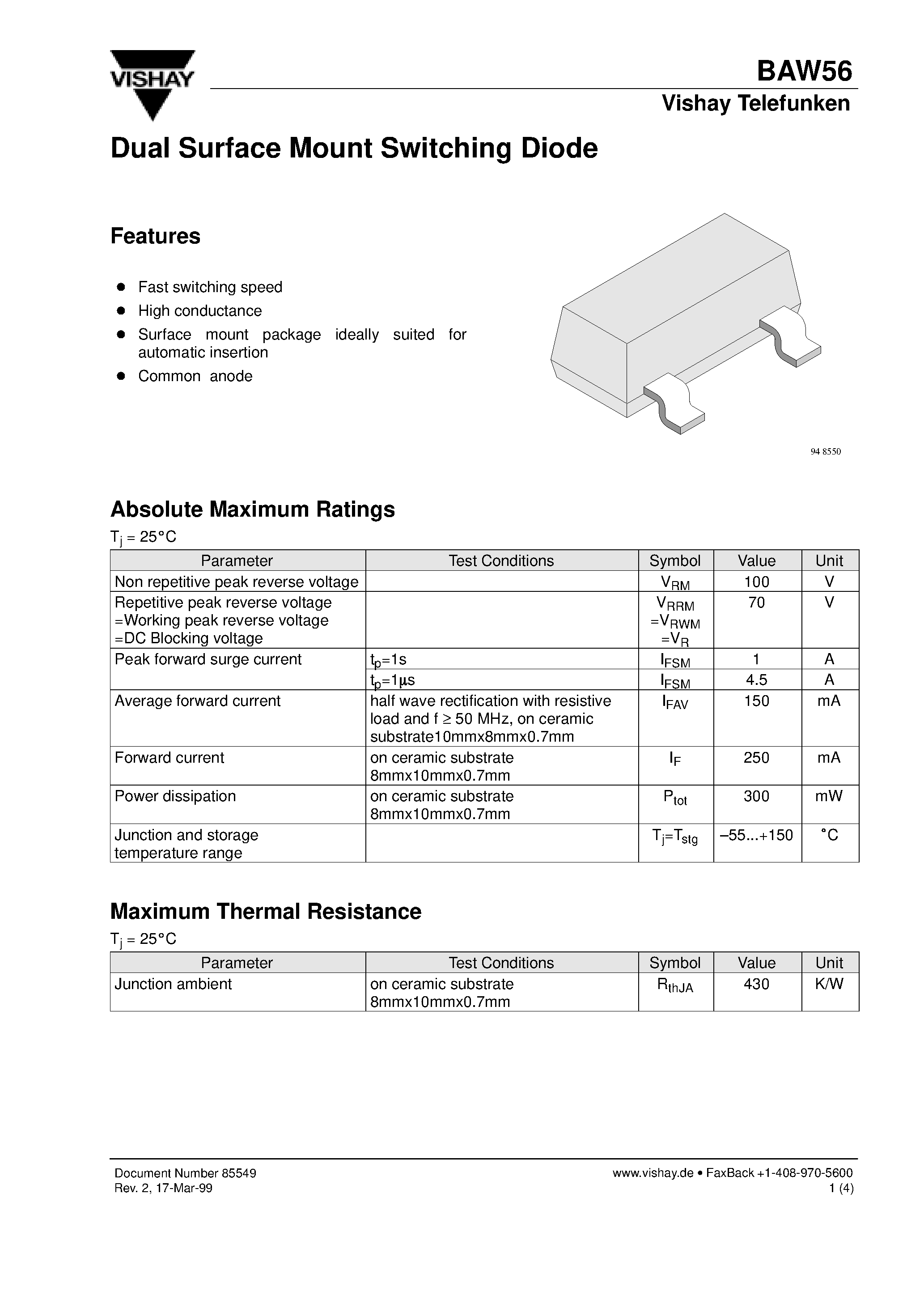 Datasheet BAW56 page 1 Datasheet BAW56 - Dual Surface Mount Switching Diode page 1