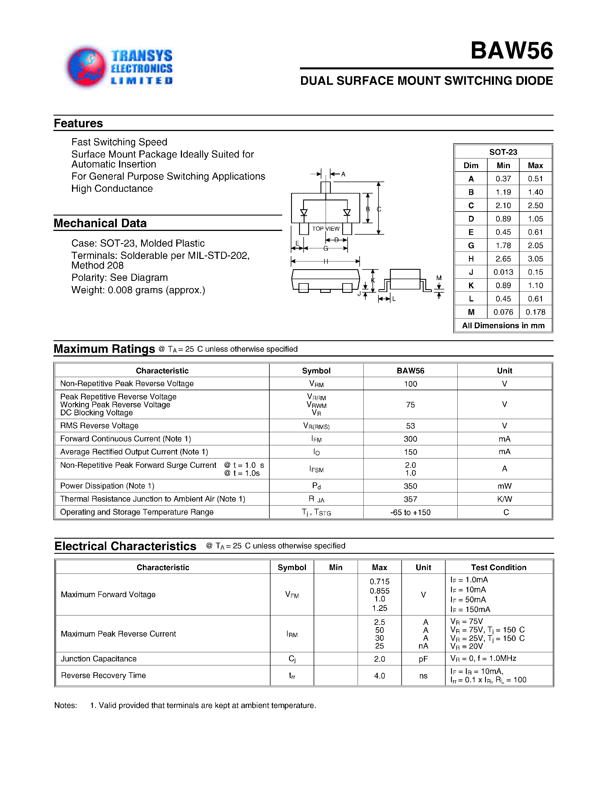 Datasheet BAW56 - DUAL SURFACE MOUNT SWITCHING DIODE page 1