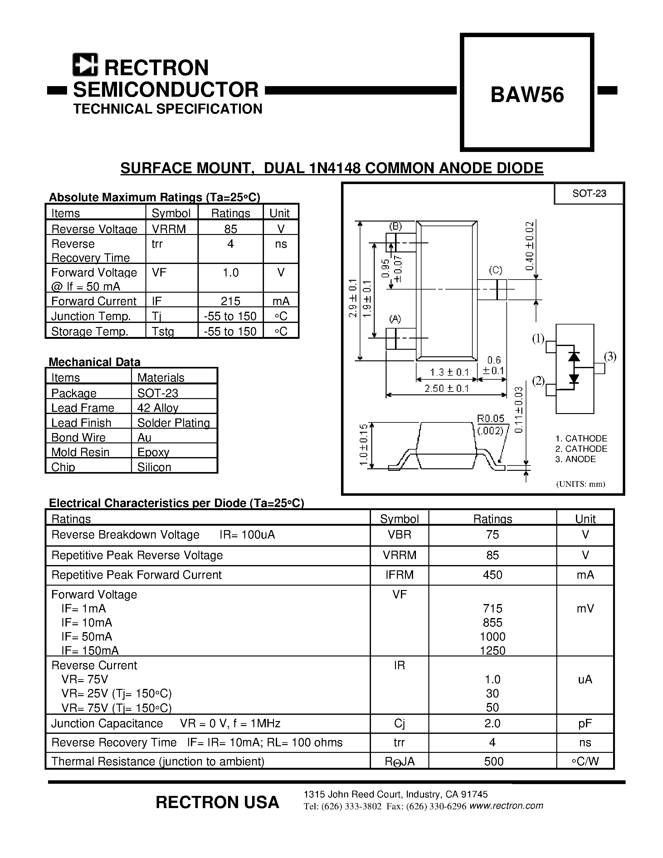 Datasheet BAW56 page 1 Datasheet BAW56 - SURFACE MOUNT / DUAL 1N4148 COMMON ANODE DIODE page 1
