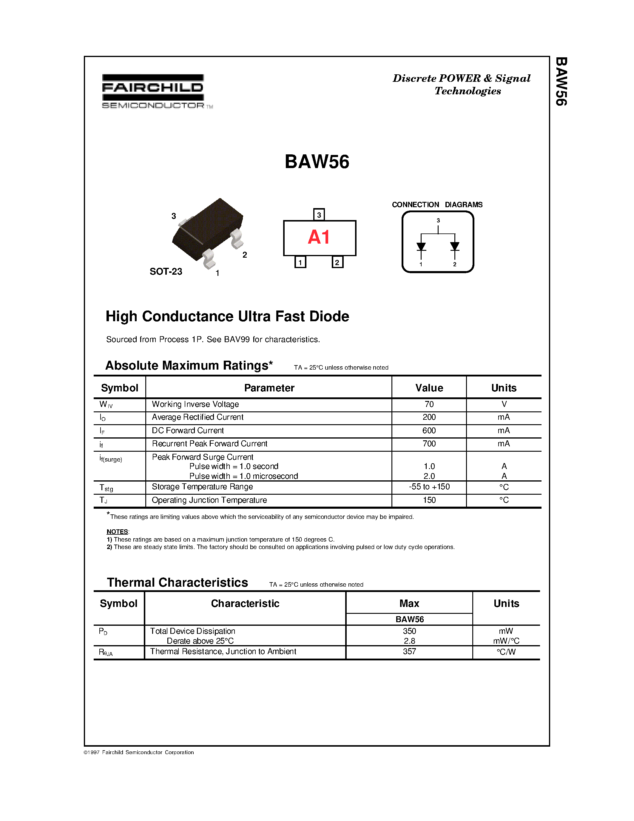 Datasheet BAW56 - High Conductance Ultra Fast Diode page 1