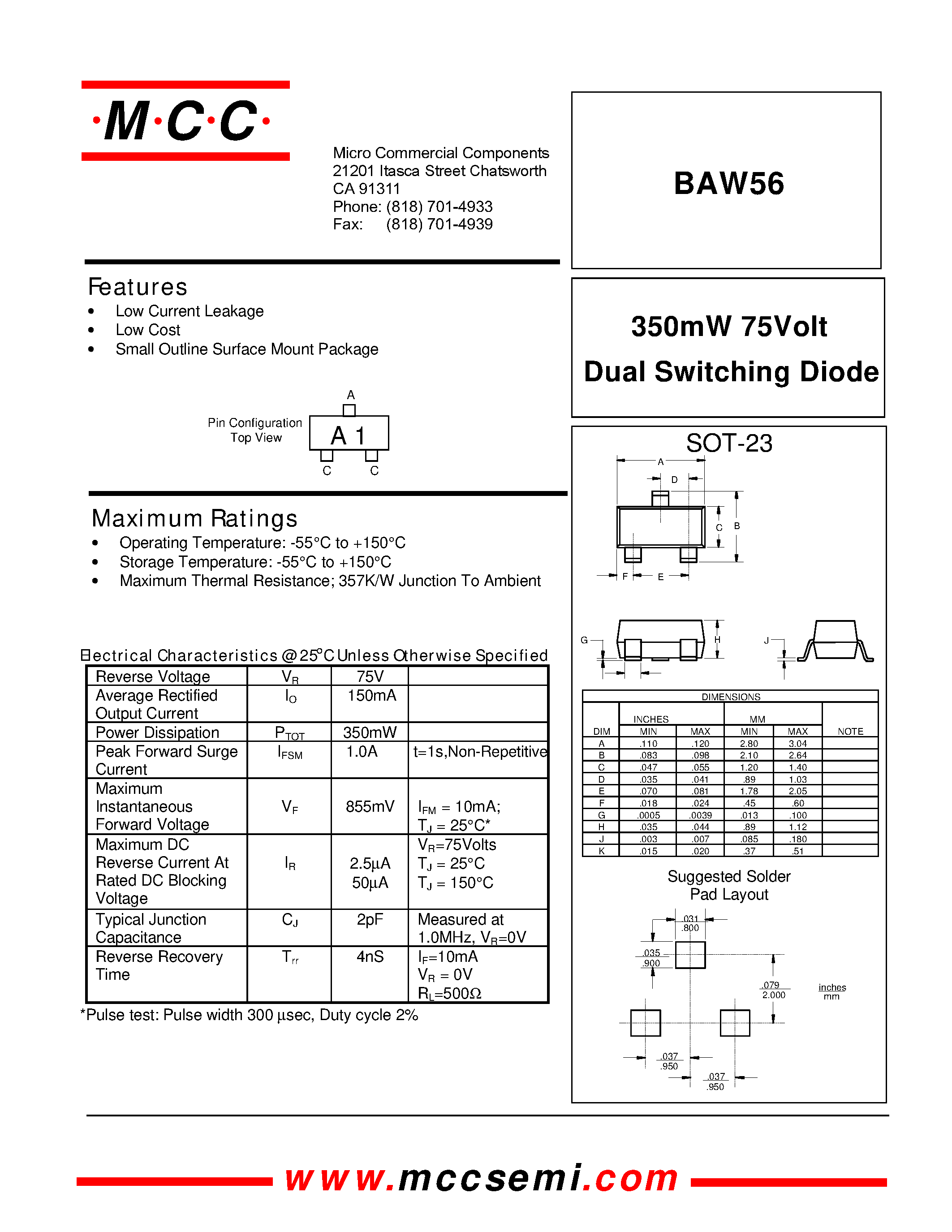 Datasheet BAW56 page 1 Datasheet BAW56 - 350mW 75Volt Dual Switching Diode page 1