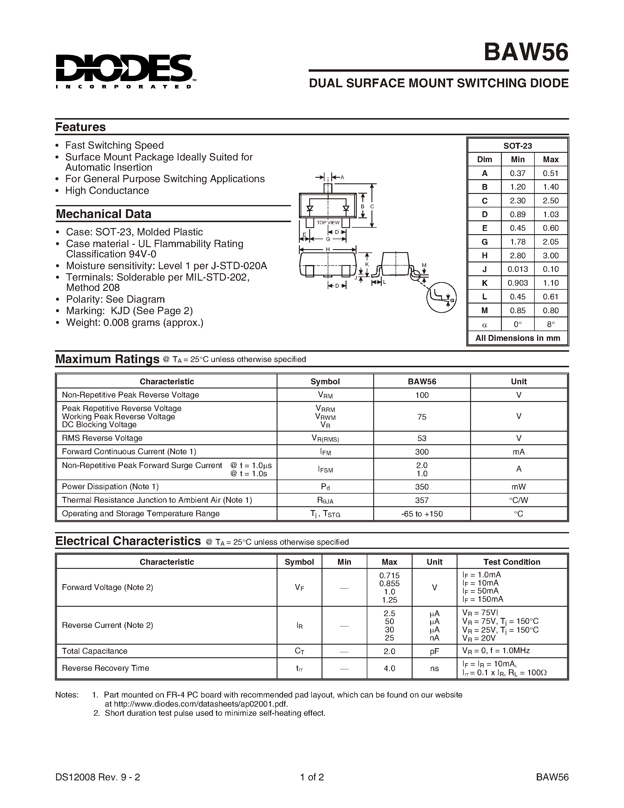 Datasheet BAW56-7 - DUAL SURFACE MOUNT SWITCHING DIODE page 1
