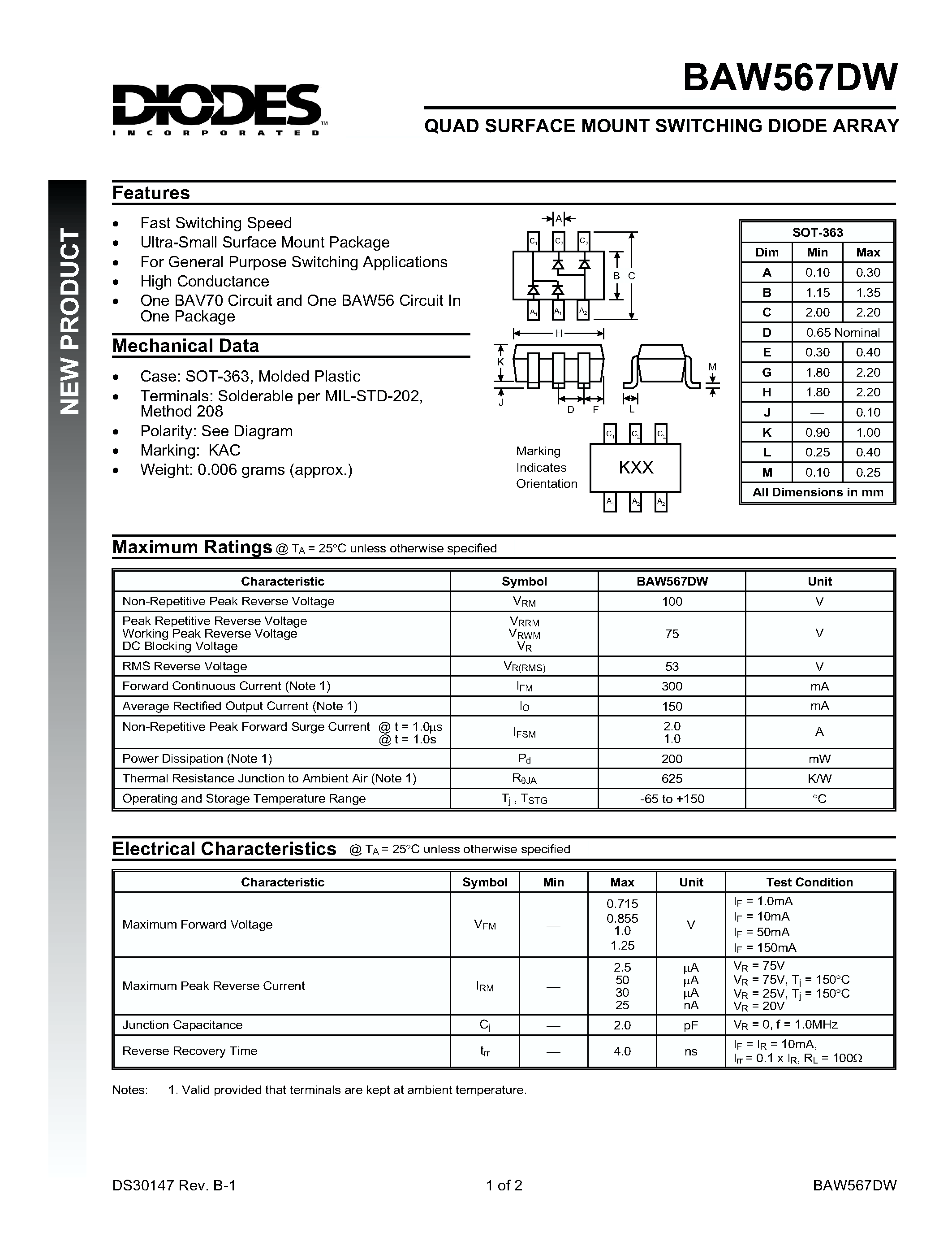 Datasheet BAW567DW - QUAD SURFACE MOUNT SWITCHING DIODE ARRAY page 1