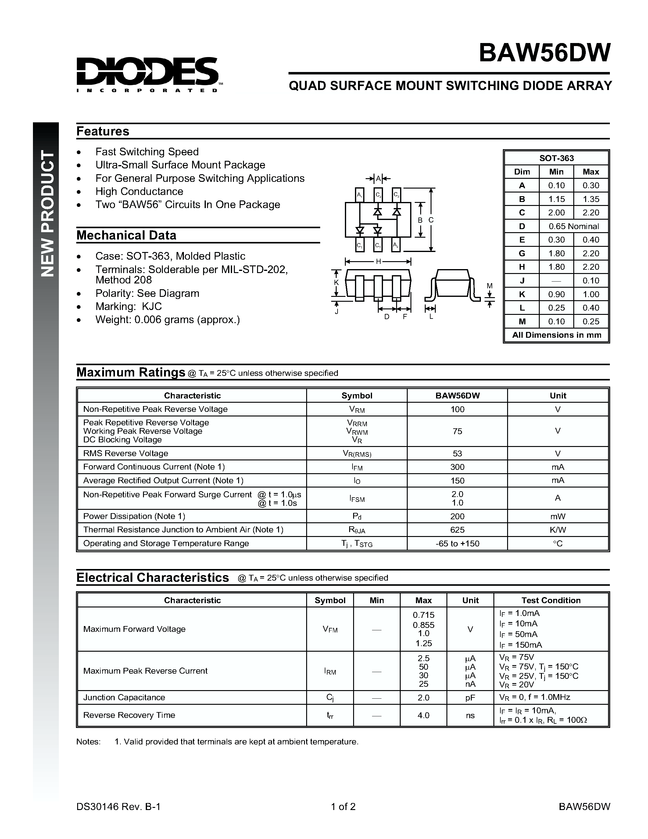 Datasheet BAW56DW - QUAD SURFACE MOUNT SWITCHING DIODE ARRAY page 1