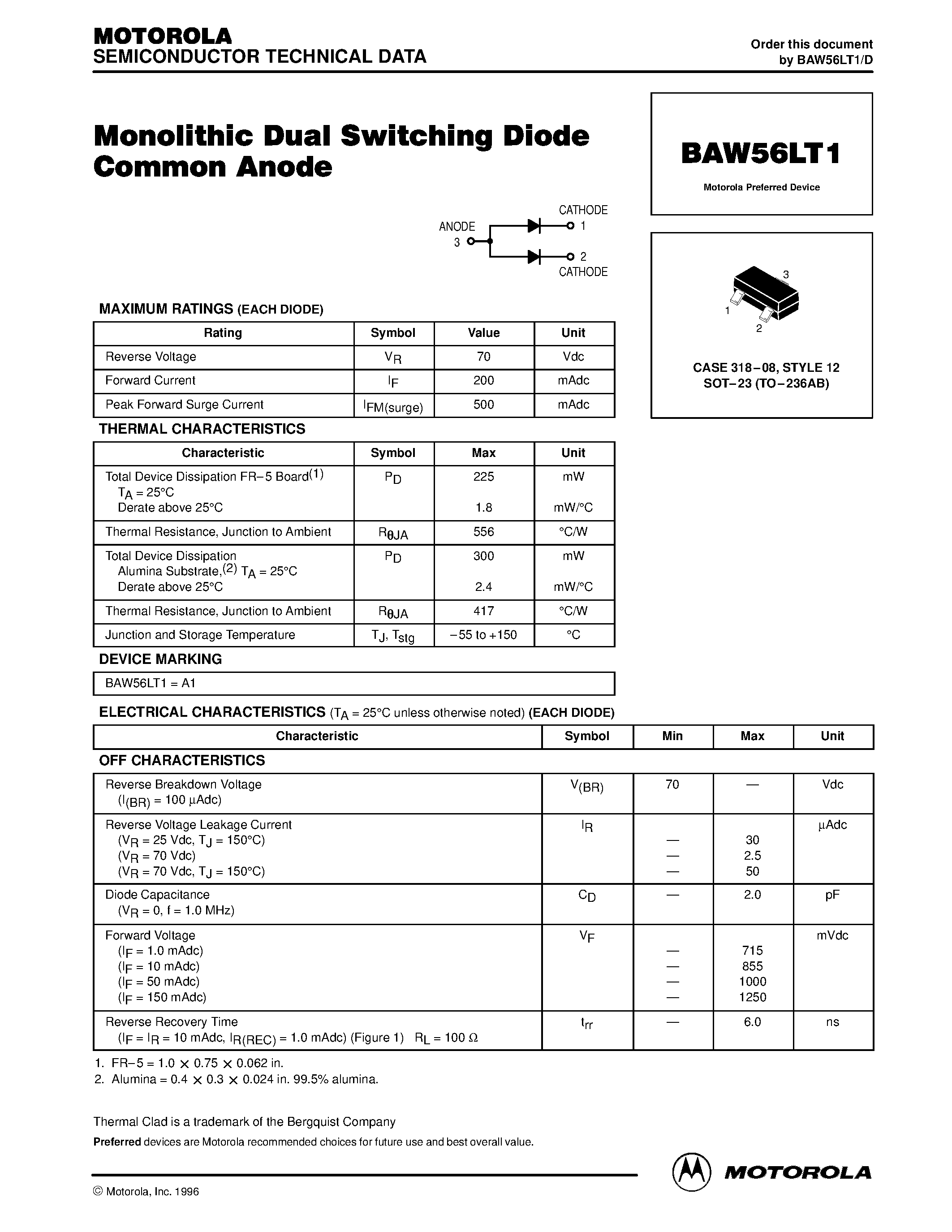 Datasheet BAW56LT1 - Monolithic Dual Switching Diode Common Anode page 1