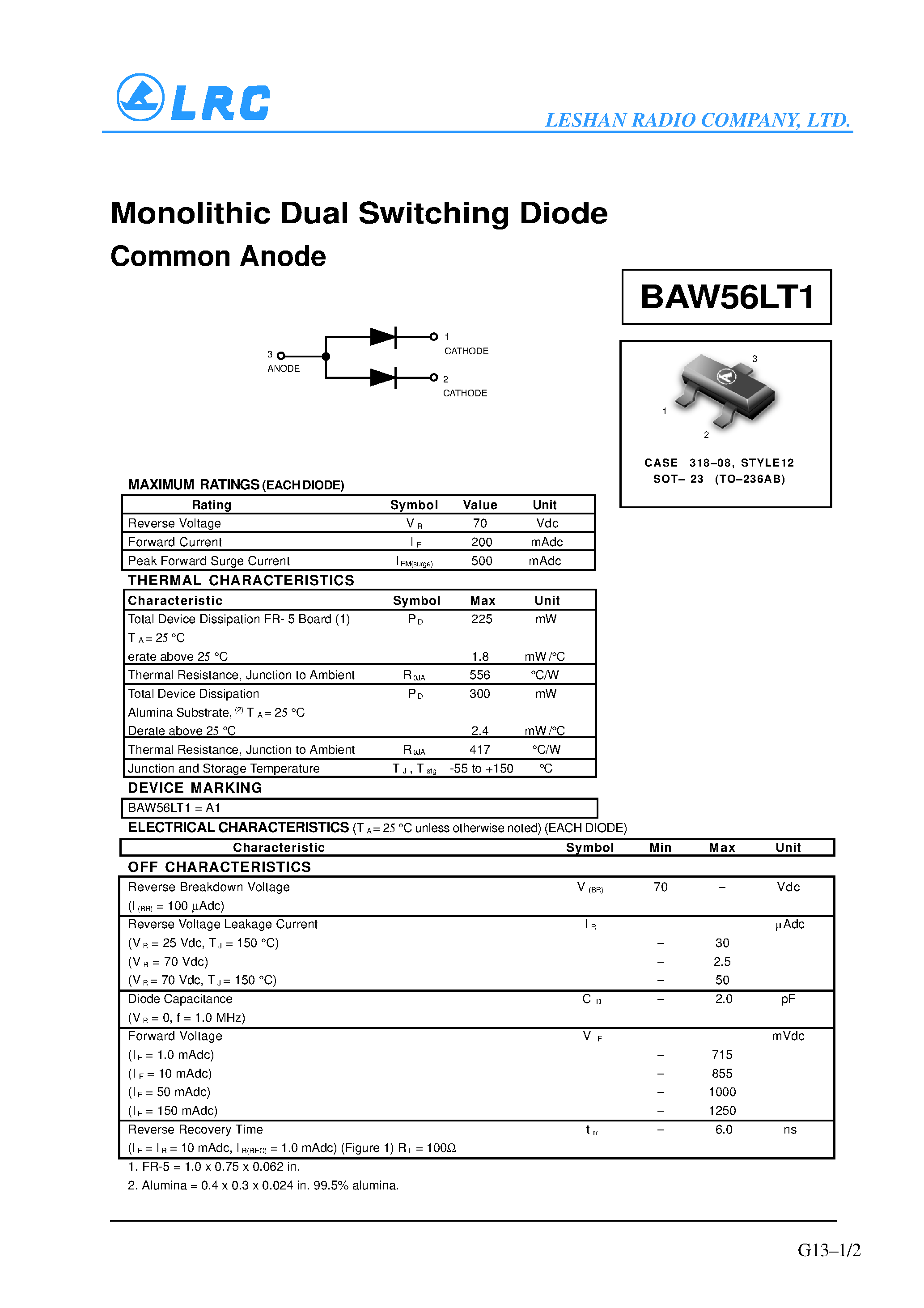 Datasheet BAW56LT1 page 1 Datasheet BAW56LT1 - Monolithic Dual Switching Diode Common Anode page 1