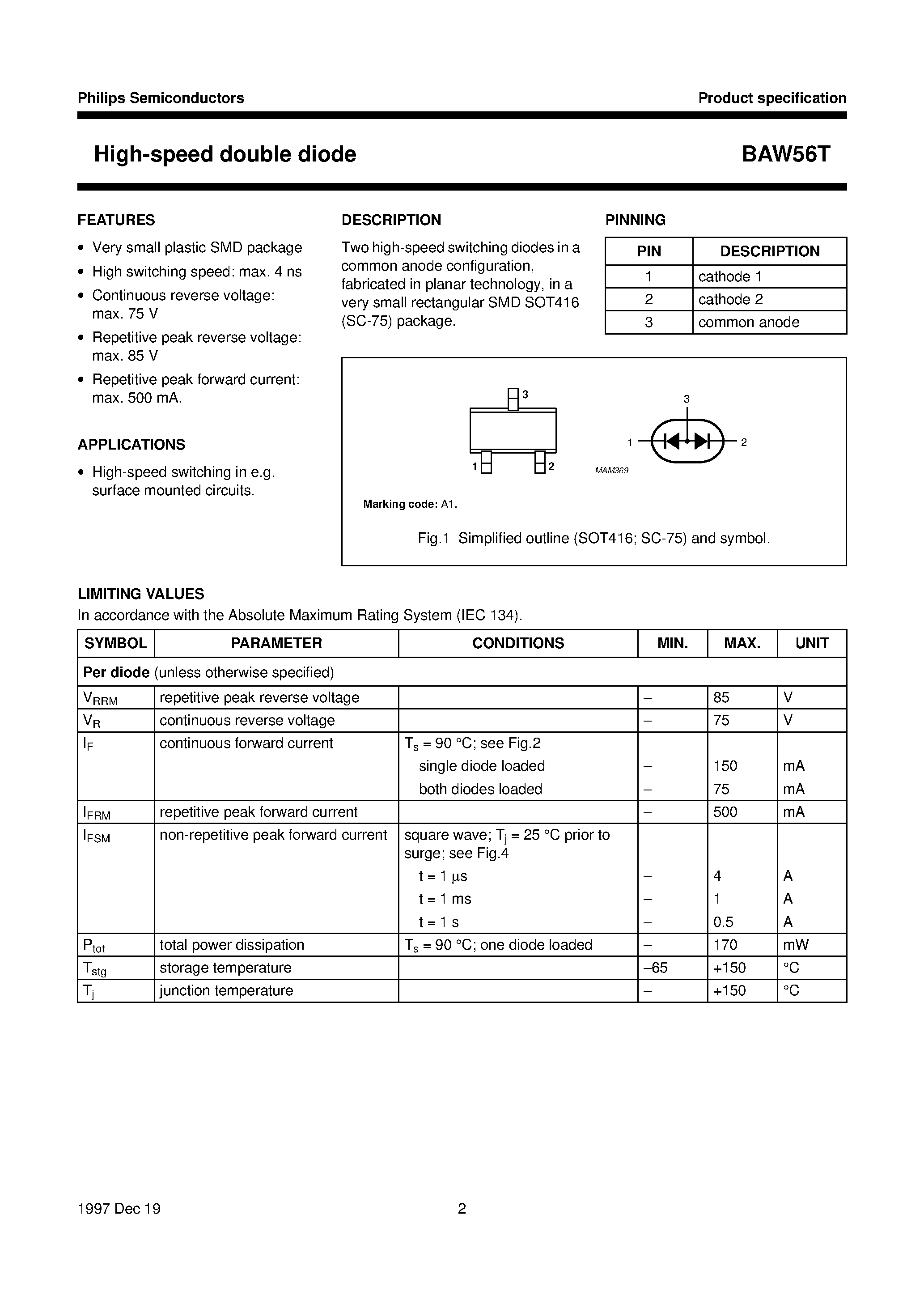 Datasheet BAW56T page 2 Datasheet BAW56T - High-speed double diode page 2