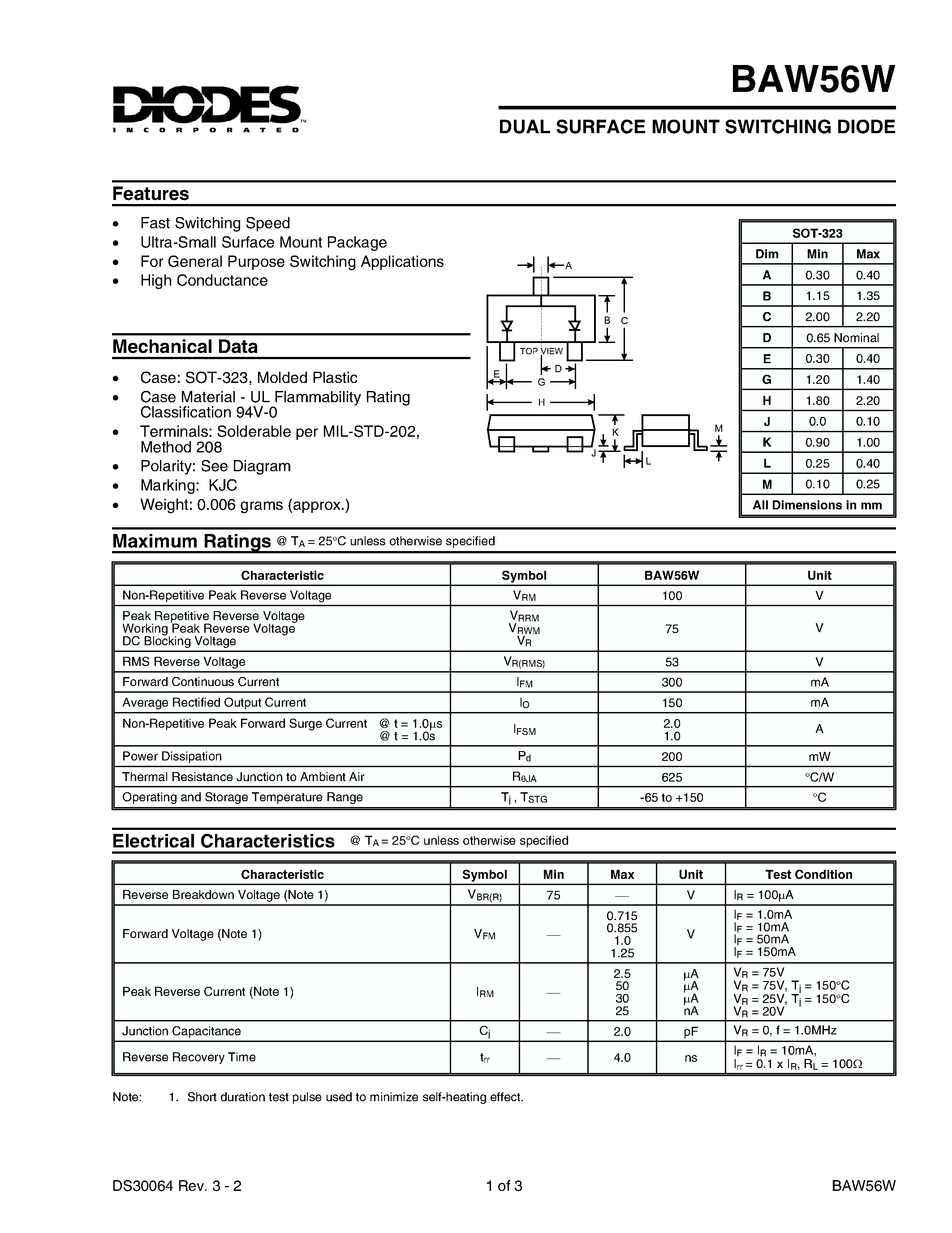 Datasheet BAW56W - DUAL SURFACE MOUNT SWITCHING DIODE page 1