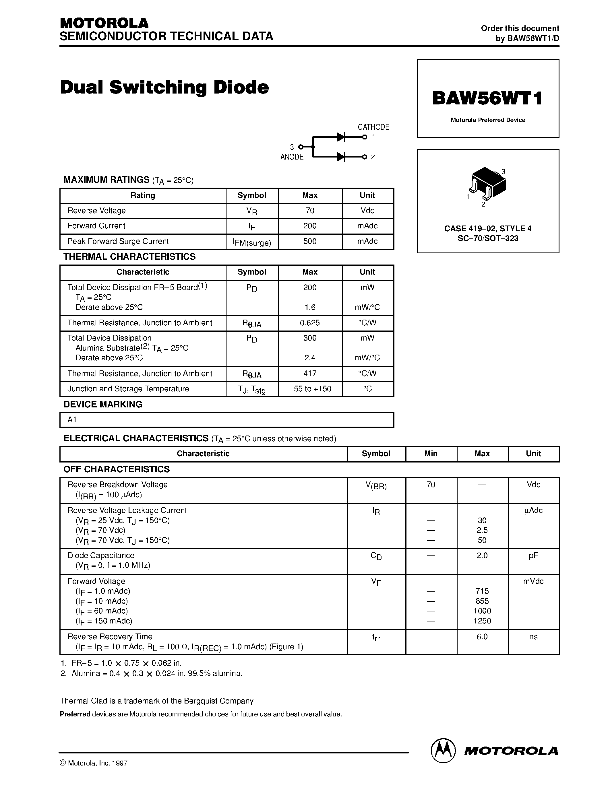 Datasheet BAW56WT1 page 1 Datasheet BAW56WT1 - Dual Switching Diode page 1
