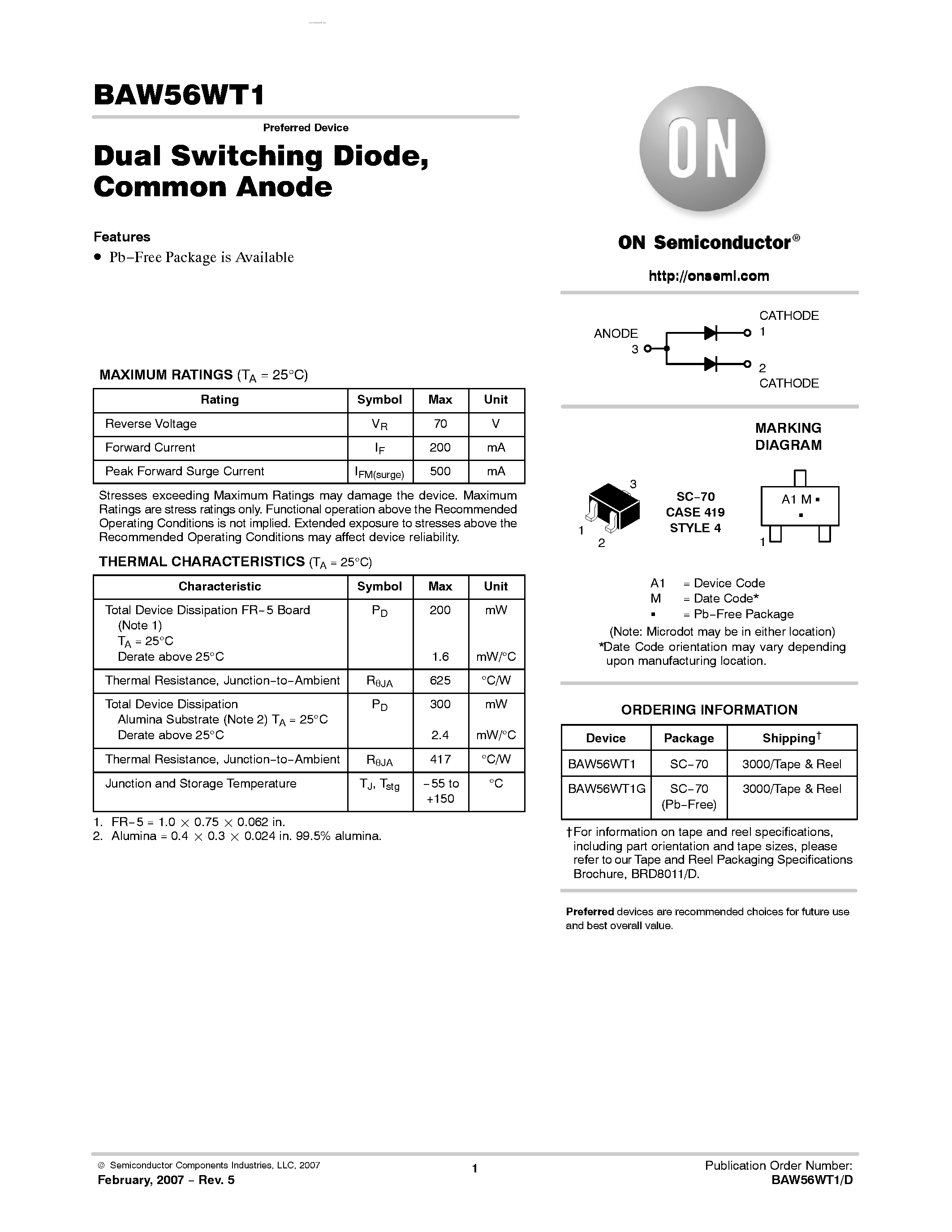 Datasheet BAW56WT1 - Dual Switching Diode page 1