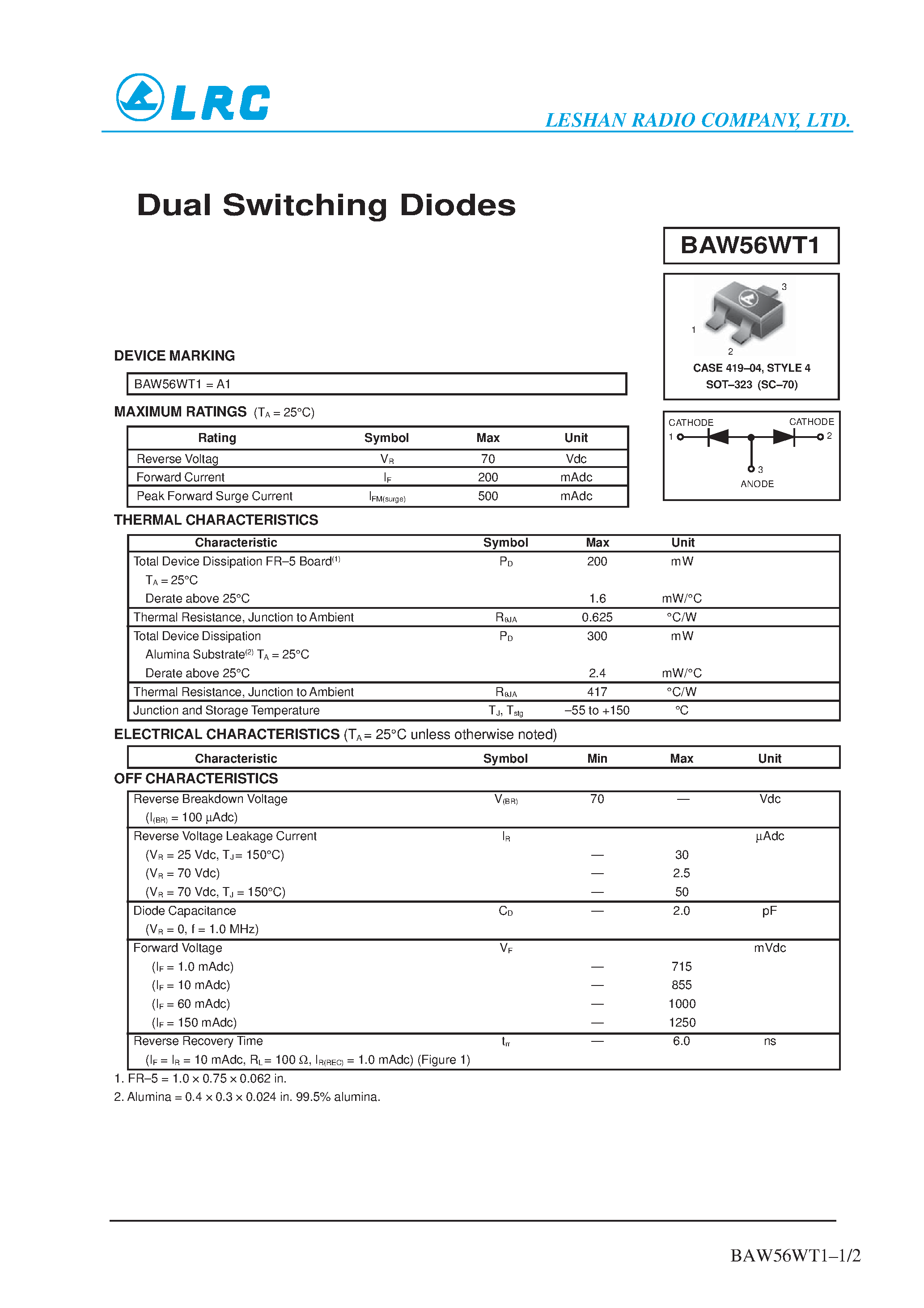 Даташит на микросхему BAW56WT1 страница 1 Даташит BAW56WT1 - Dual Switching Diodes страница 1