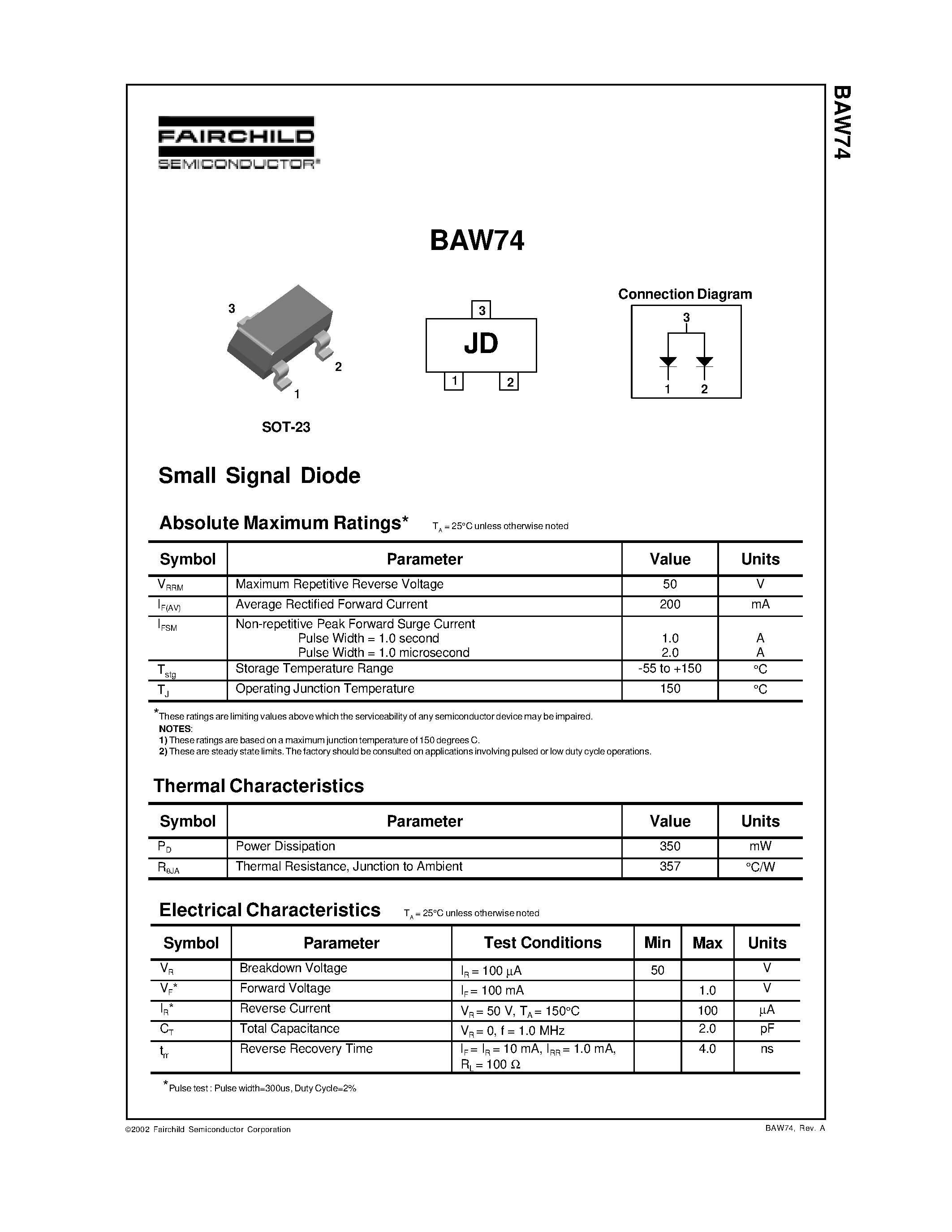 Datasheet BAW74 page 1 Datasheet BAW74 - Small Signal Diode page 1