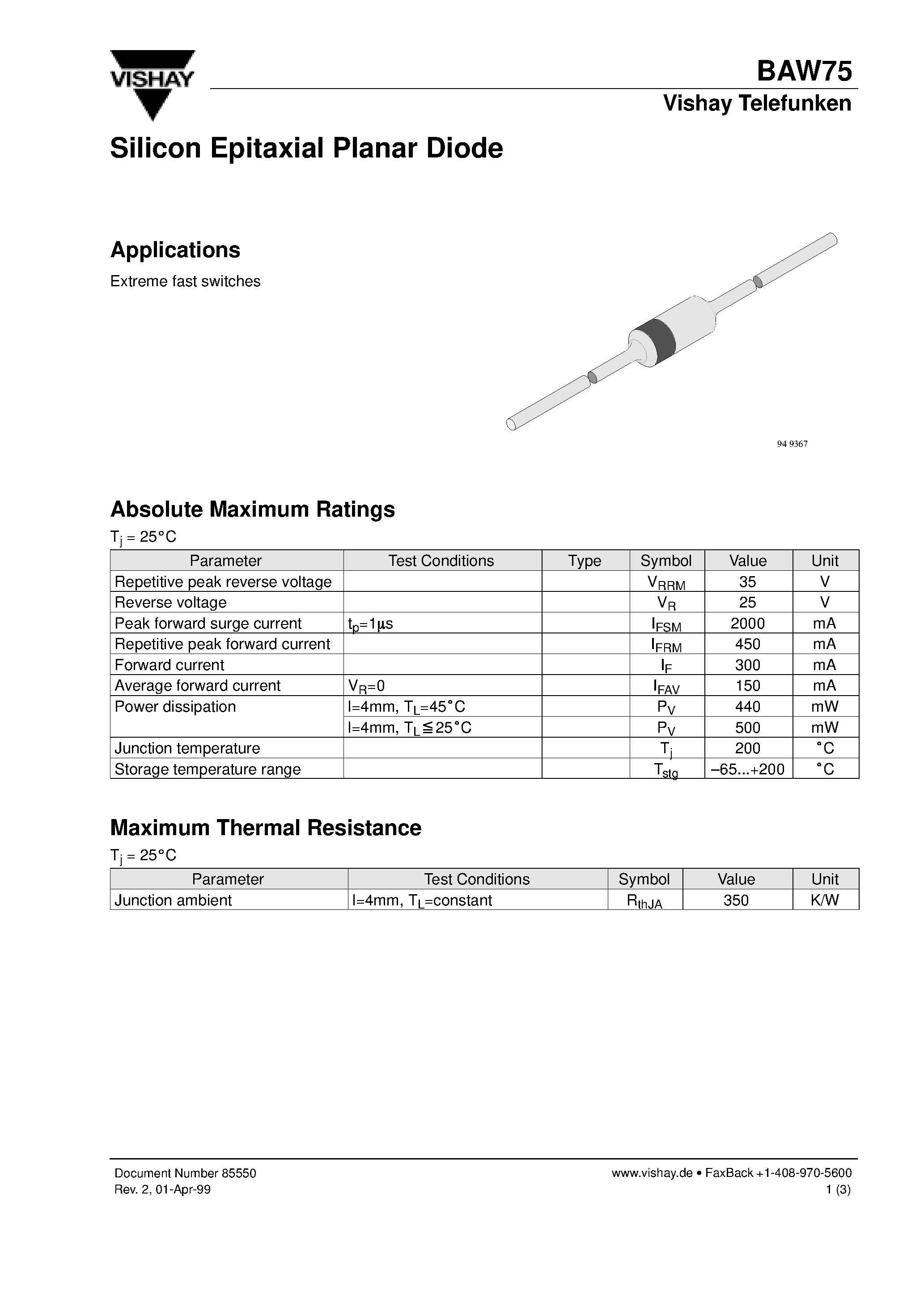 Datasheet BAW75 page 1 Datasheet BAW75 - Silicon Epitaxial Planar Diode page 1